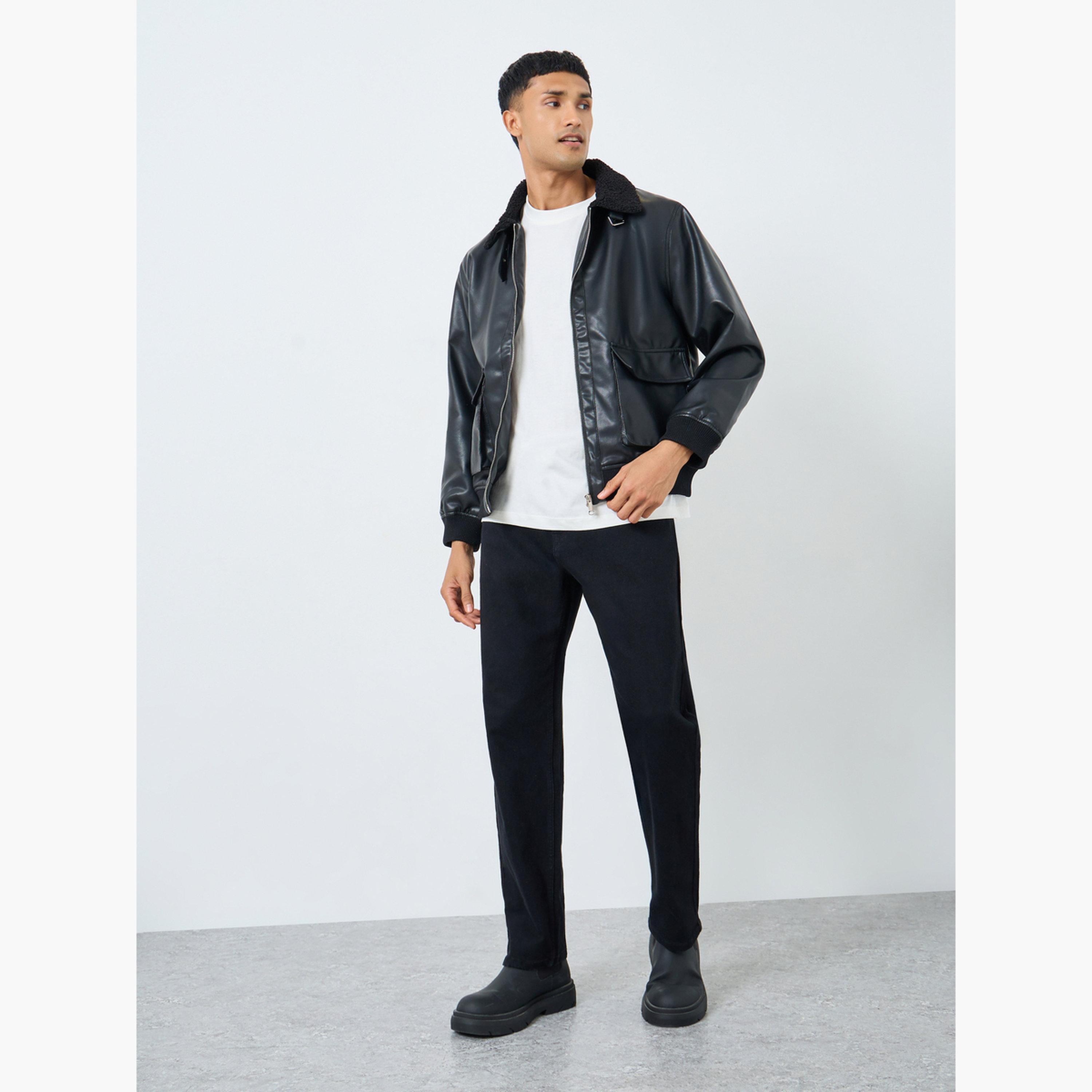 Styli Solid Collared Long Sleeves Men's Zip Through Bomber Jacket-men-winterwear-jacketsandblazers-image-2