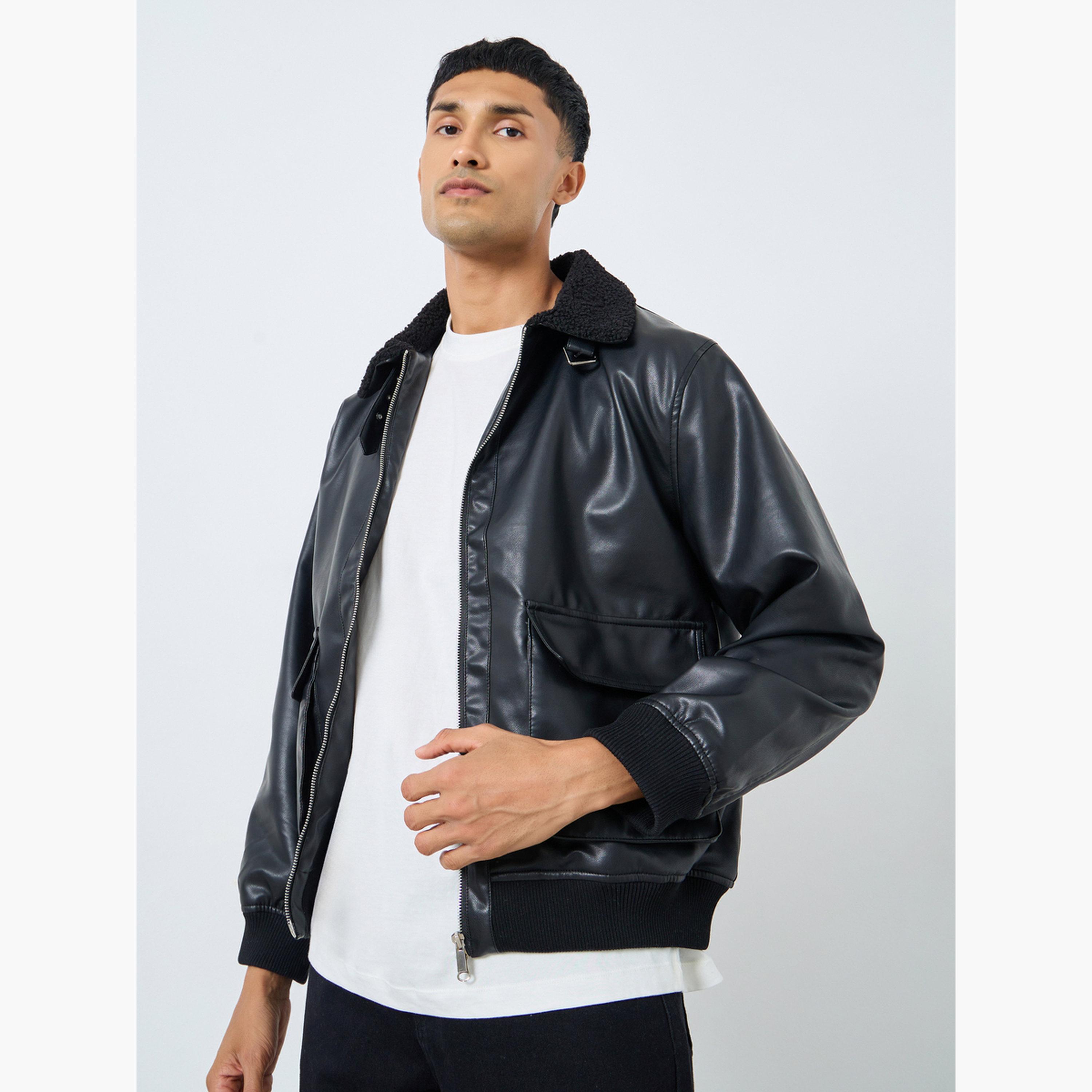Styli Solid Collared Long Sleeves Men's Zip Through Bomber Jacket-men-winterwear-jacketsandblazers-image-3
