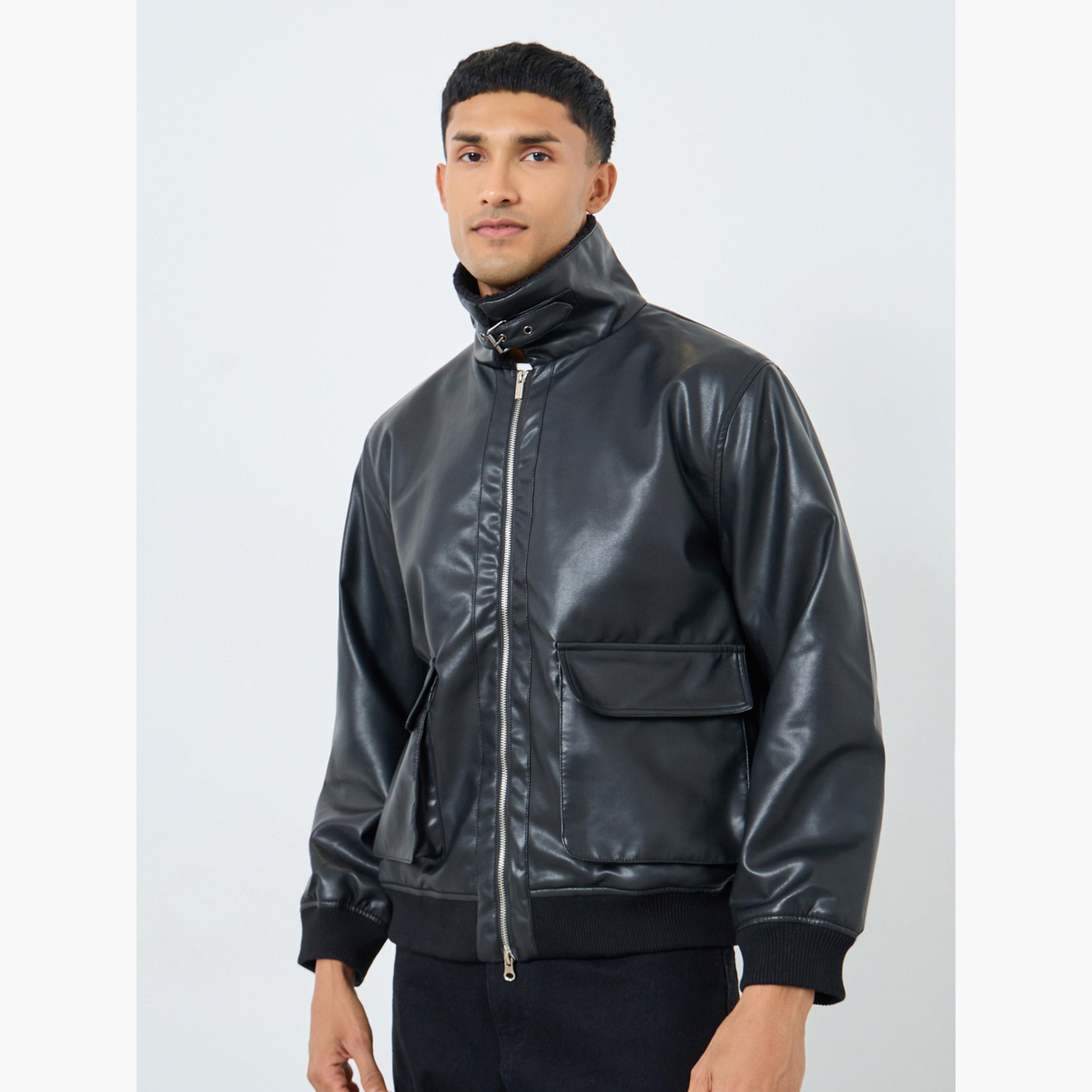 Styli Solid Collared Long Sleeves Men's Zip Through Bomber Jacket-men-winterwear-jacketsandblazers-image-4