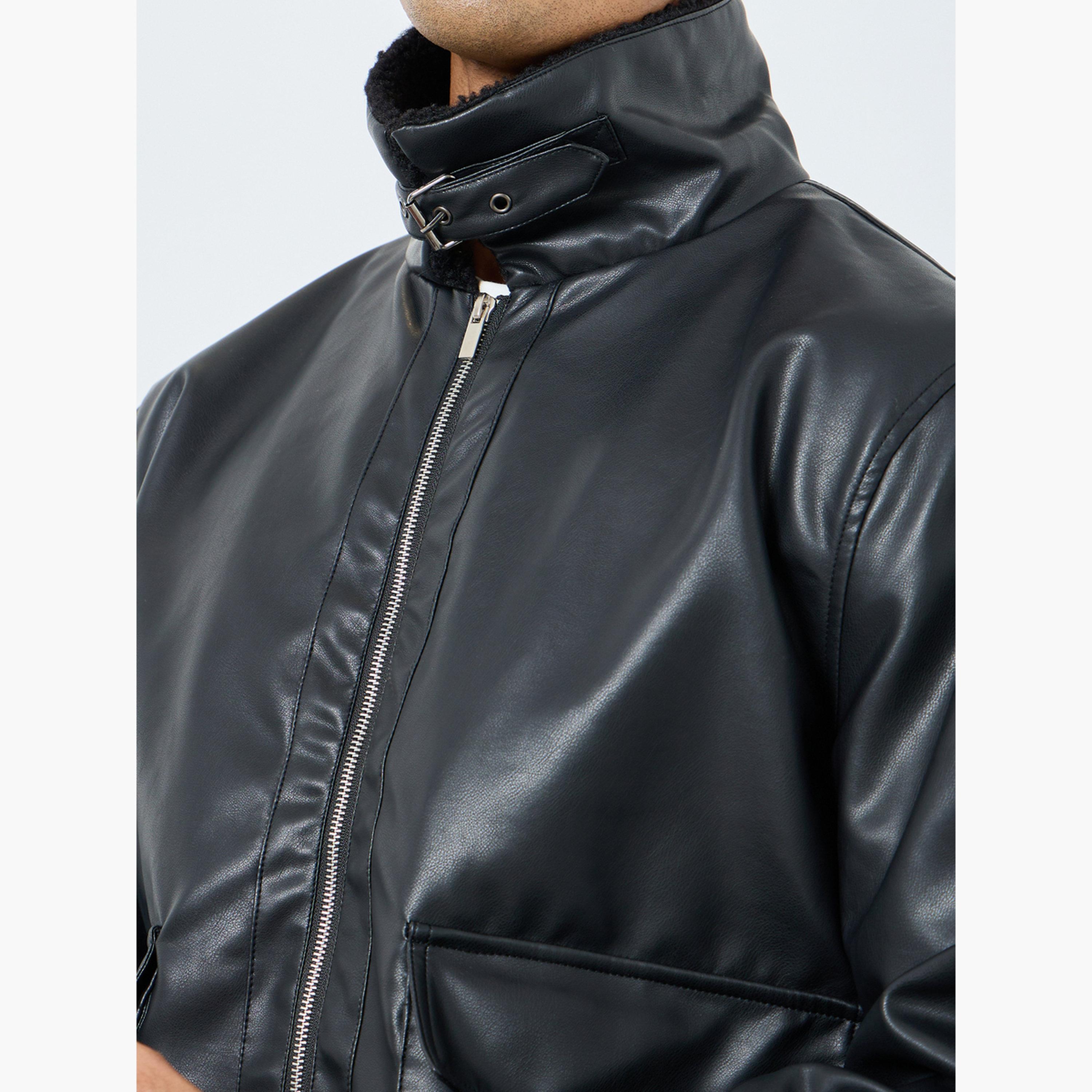 Styli Solid Collared Long Sleeves Men's Zip Through Bomber Jacket-men-winterwear-jacketsandblazers-image-5