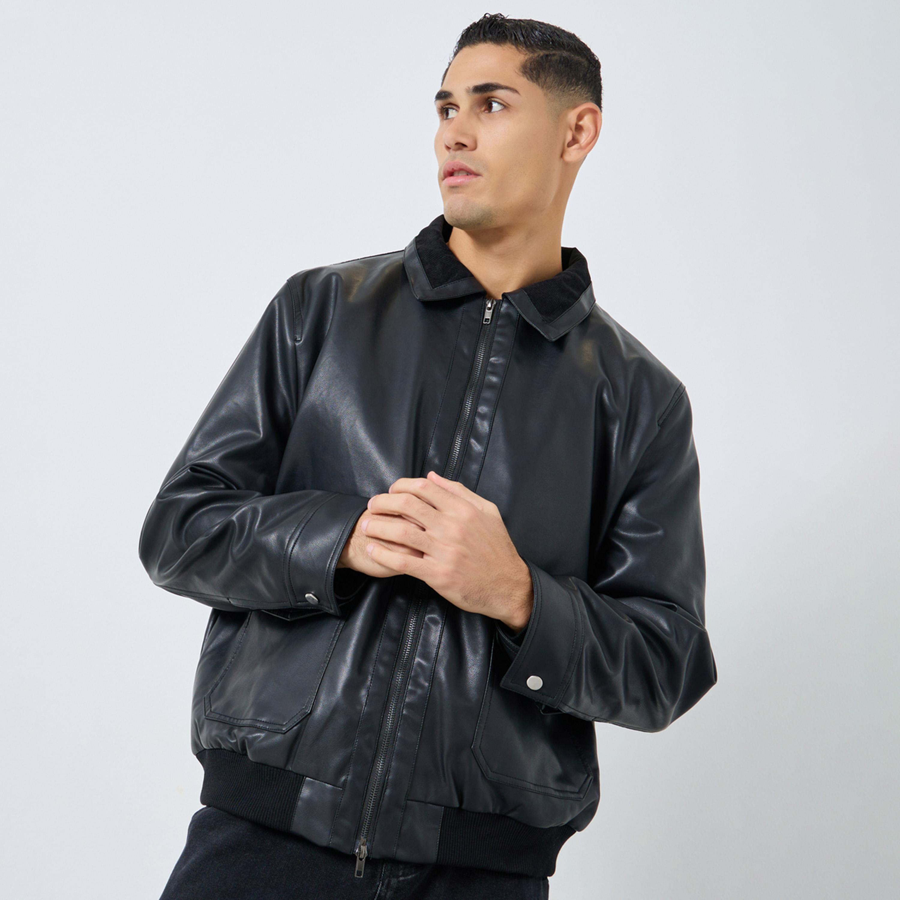 Styli Solid Collared Long Sleeves Men's Zip Through Jacket-men-winterwear-jacketsandblazers-image-1