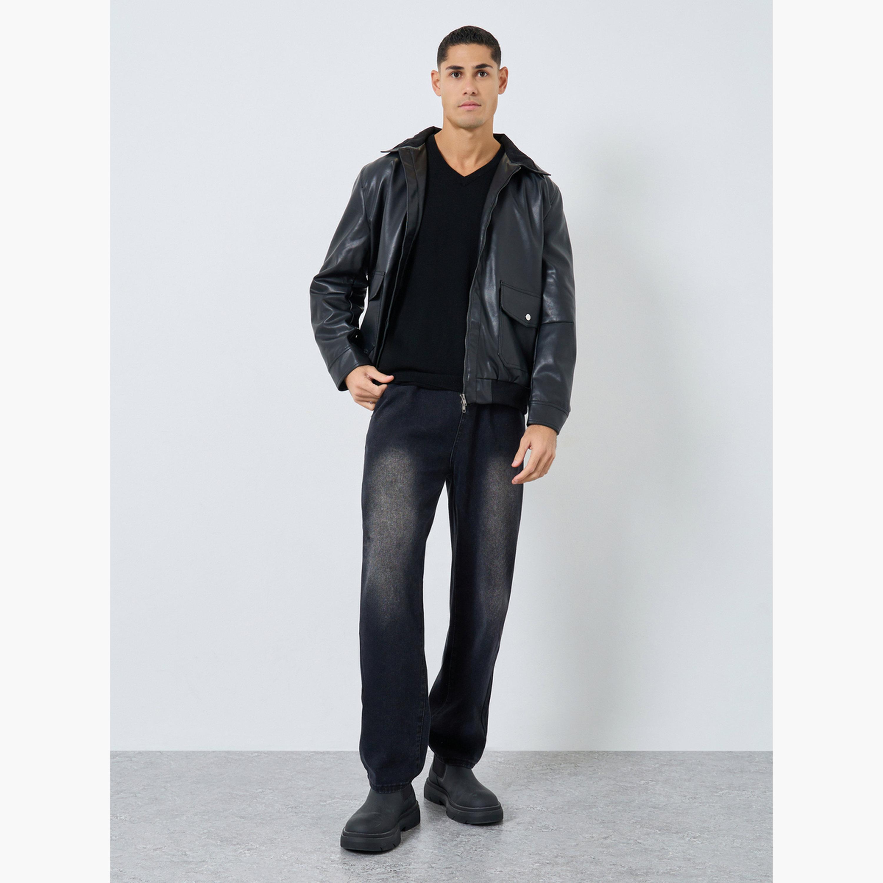 Styli Solid Collared Long Sleeves Men's Zip Through Jacket-men-winterwear-jacketsandblazers-image-2