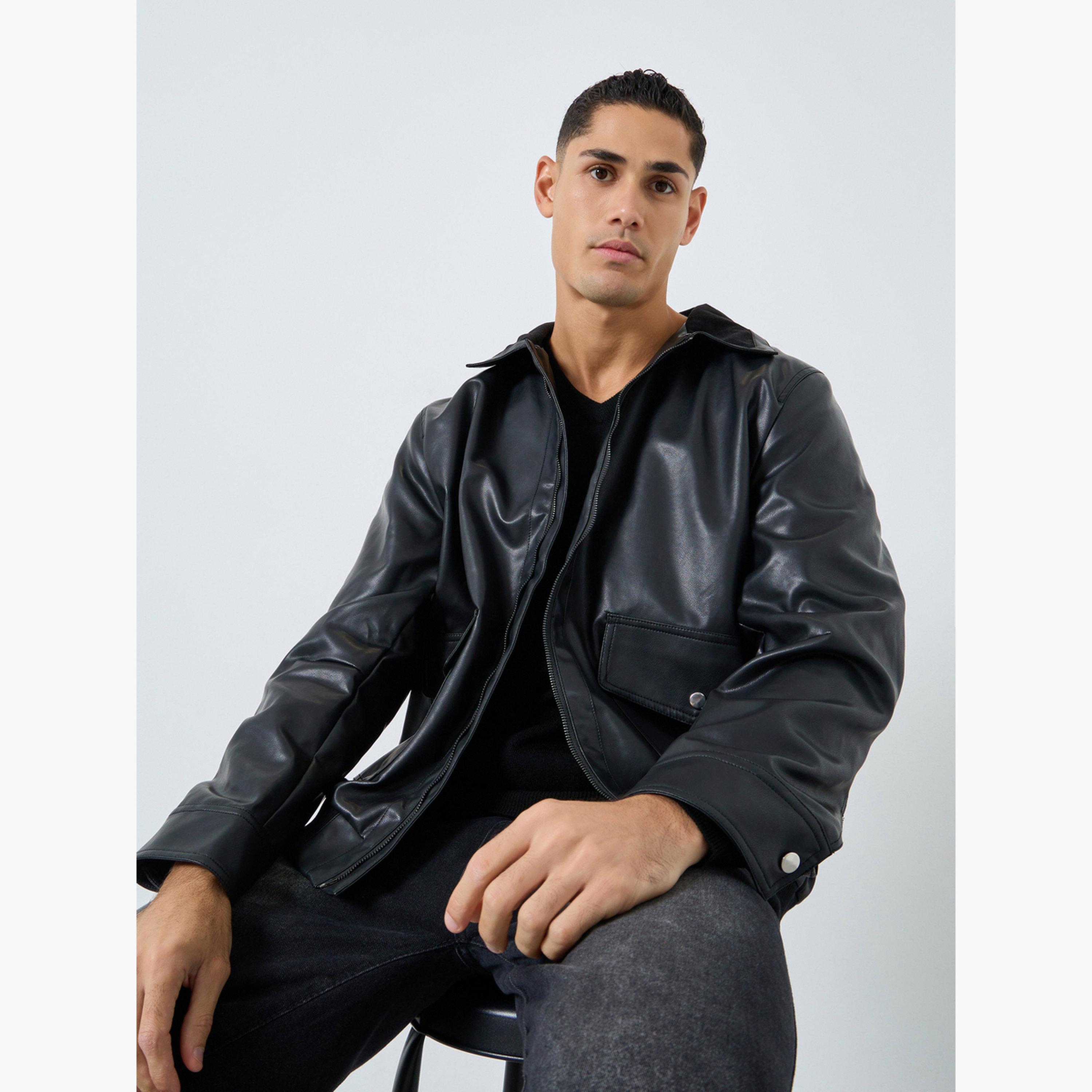 Styli Solid Collared Long Sleeves Men's Zip Through Jacket-men-winterwear-jacketsandblazers-image-3