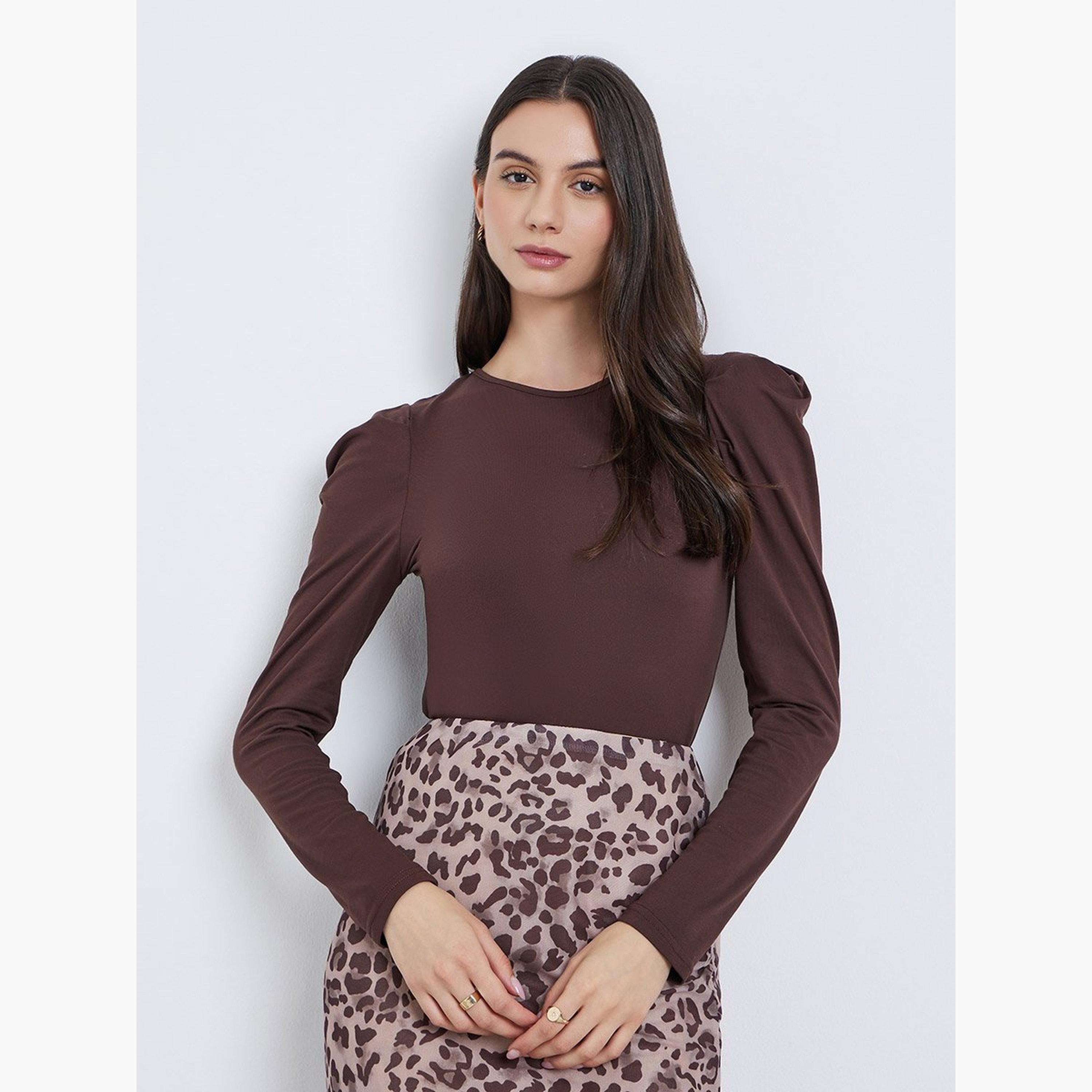 Take Two Brown Solid Puff Sleeve Knit Top-women-clothing-tshirts-image-1
