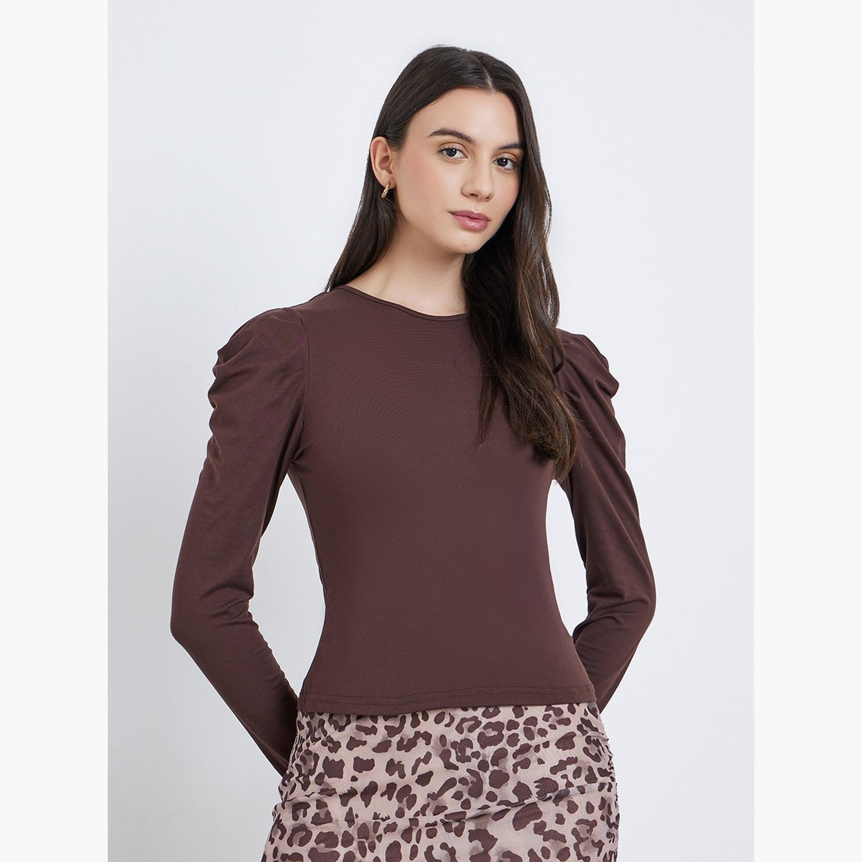 Take Two Brown Solid Puff Sleeve Knit Top-women-clothing-tshirts-image-2