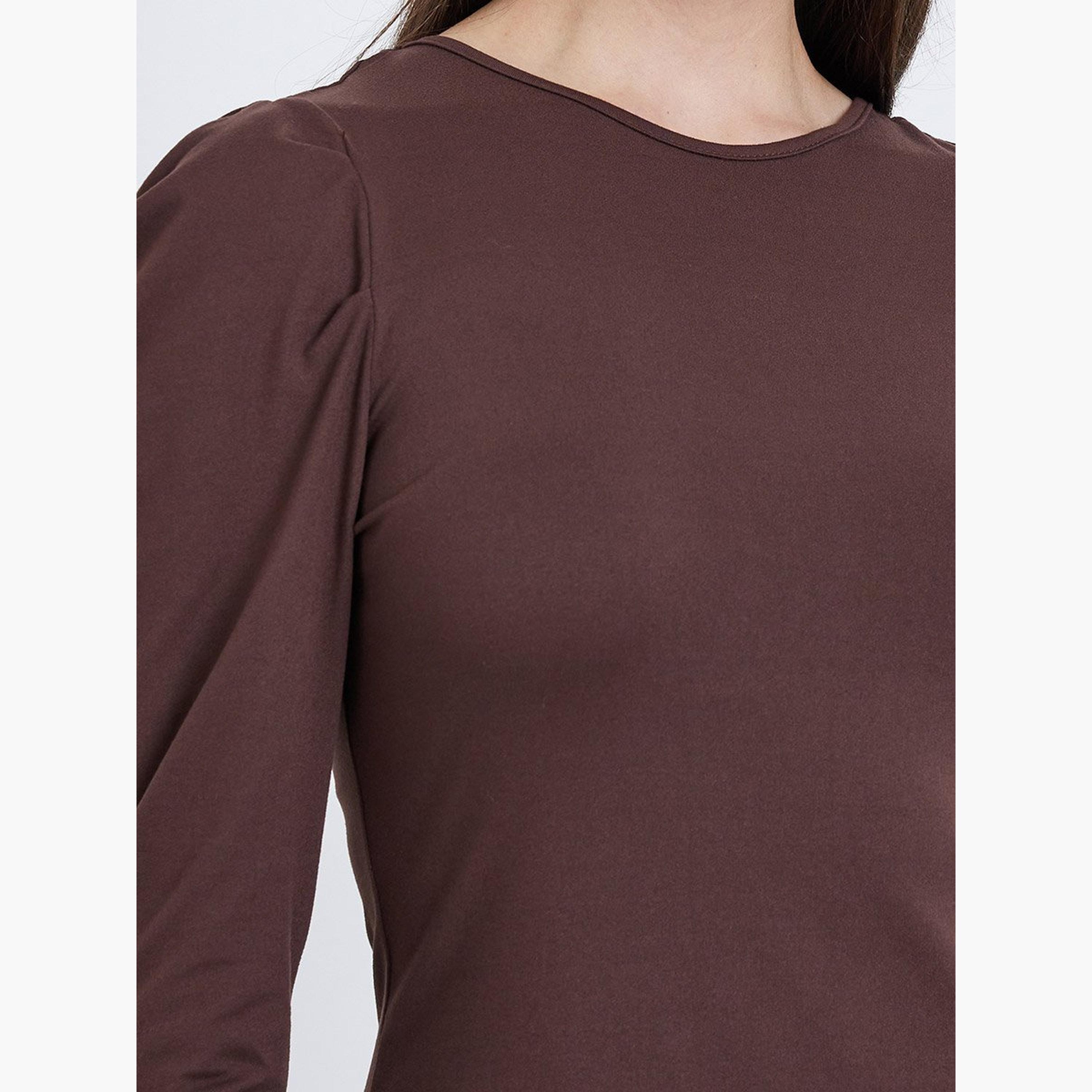 Take Two Brown Solid Puff Sleeve Knit Top-women-clothing-tshirts-image-4