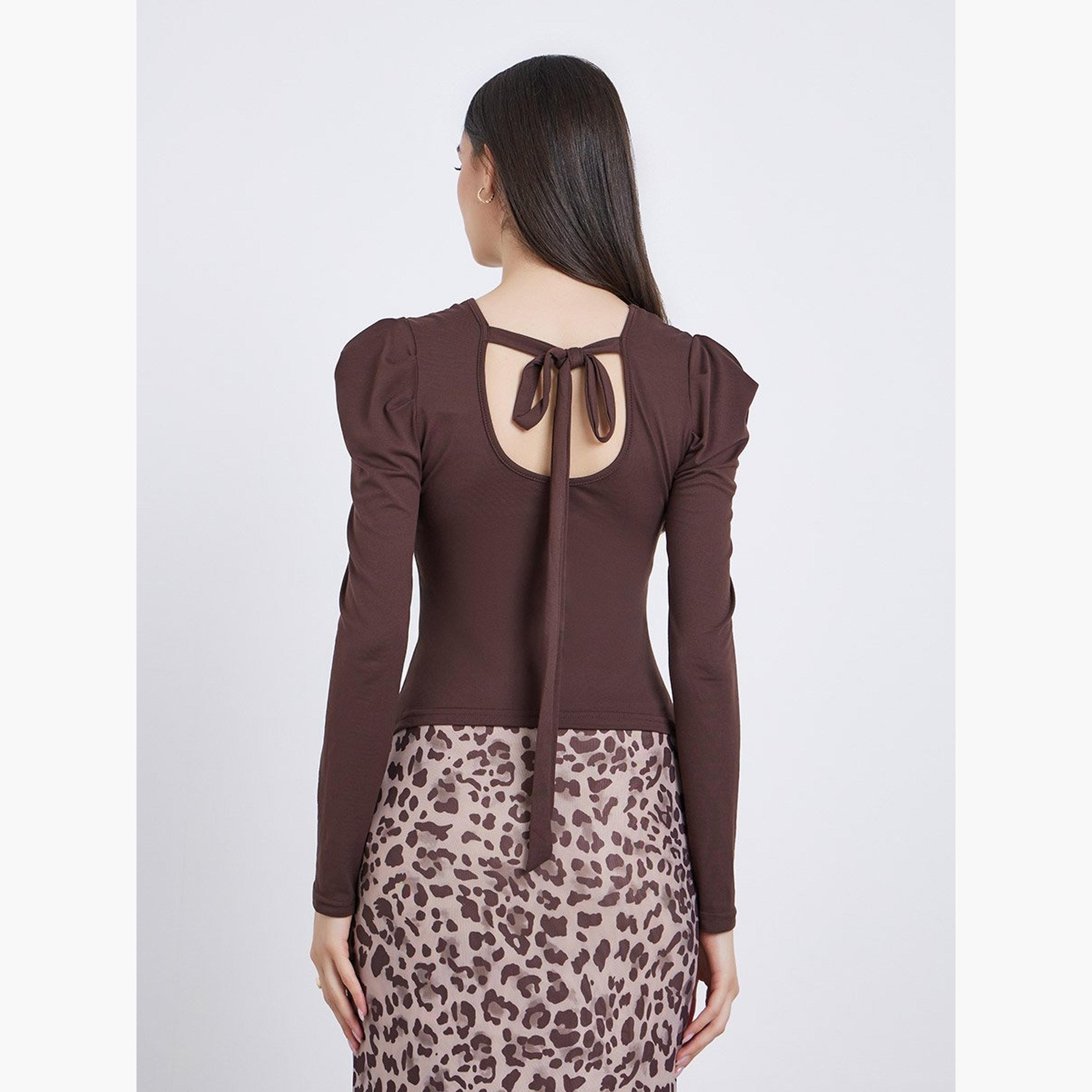 Take Two Brown Solid Puff Sleeve Knit Top-women-clothing-tshirts-image-5