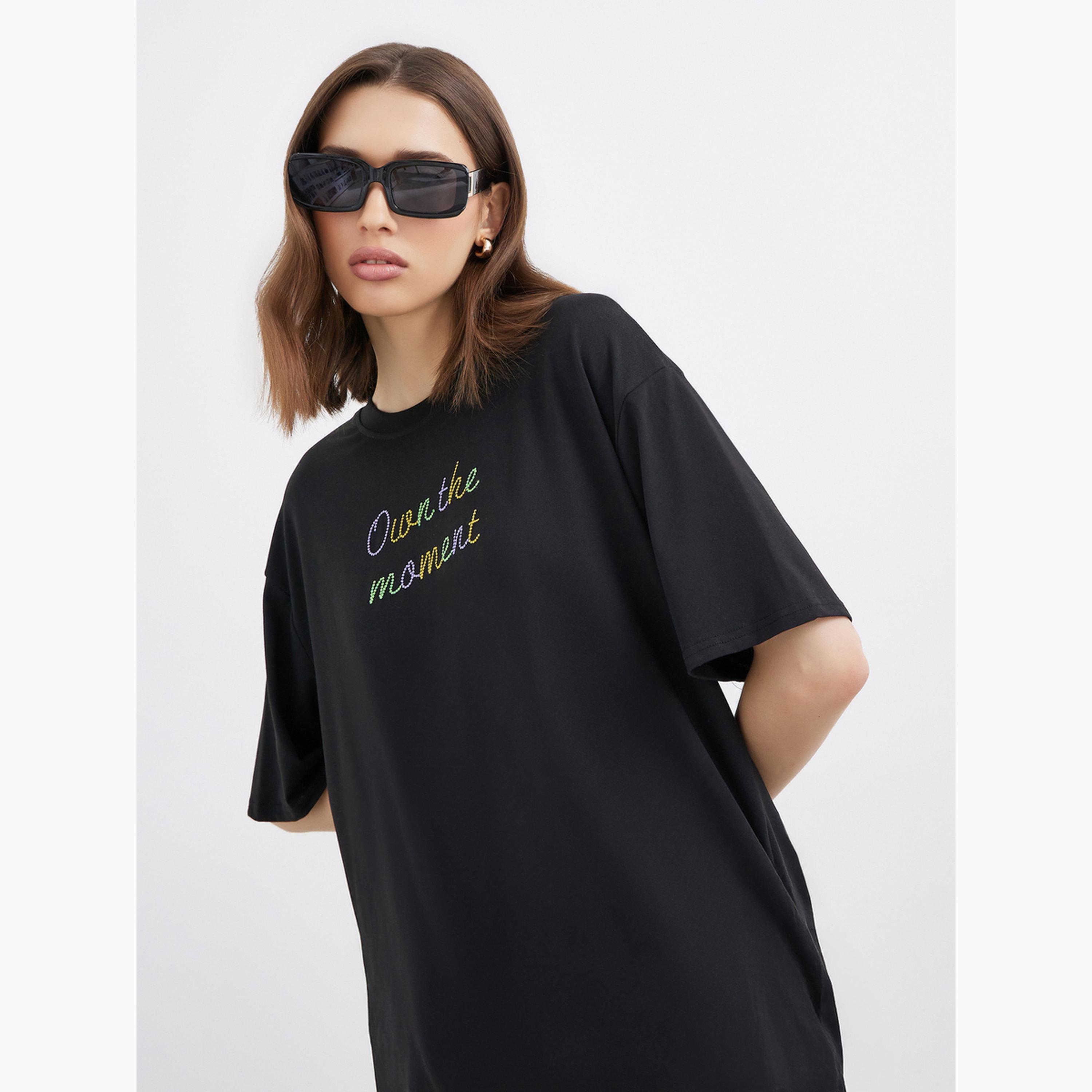 Styli Black Oversized T-Shirt with Embroidered Slogan-women-clothing-tshirts-image-3