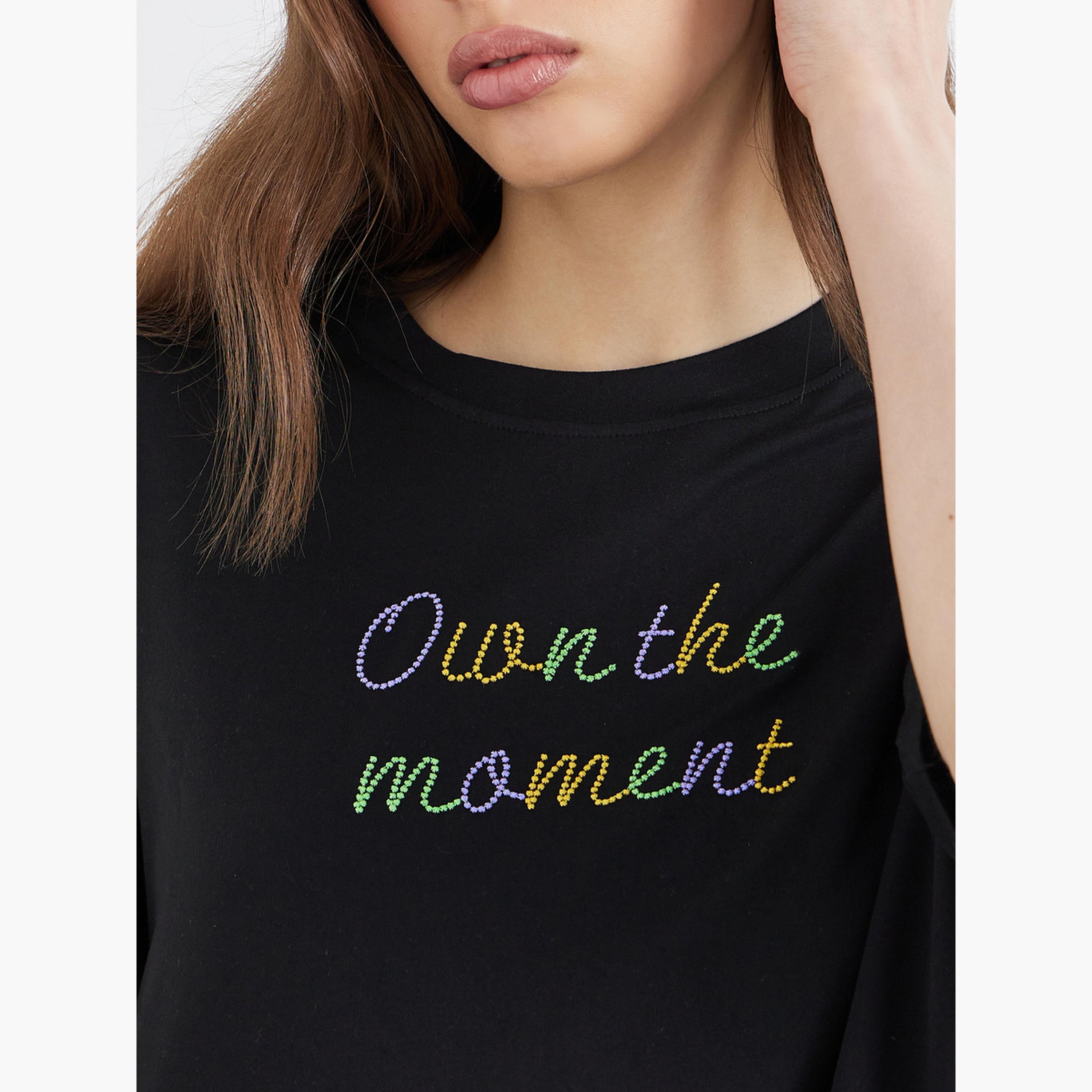Styli Black Oversized T-Shirt with Embroidered Slogan-women-clothing-tshirts-image-4