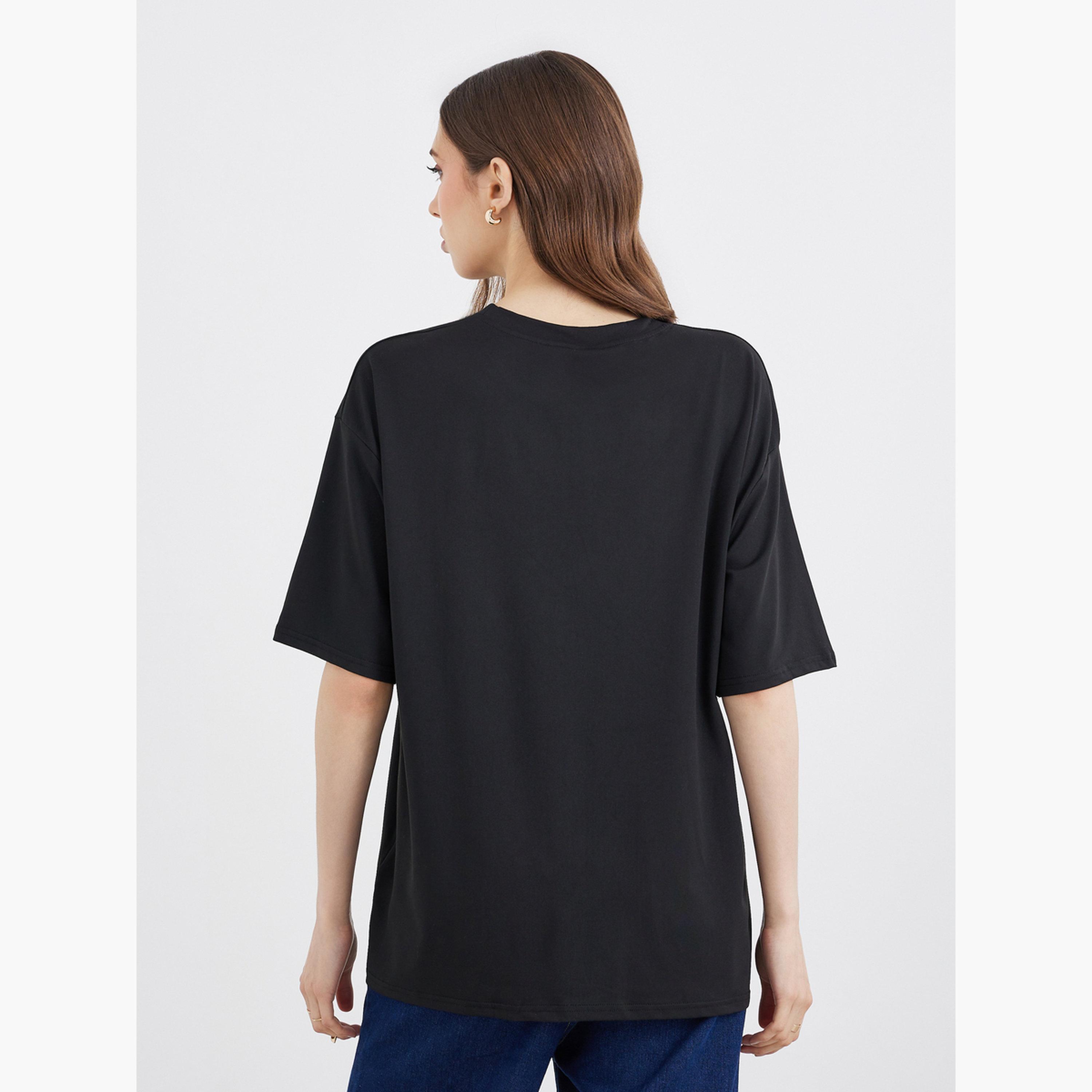 Styli Black Oversized T-Shirt with Embroidered Slogan-women-clothing-tshirts-image-5