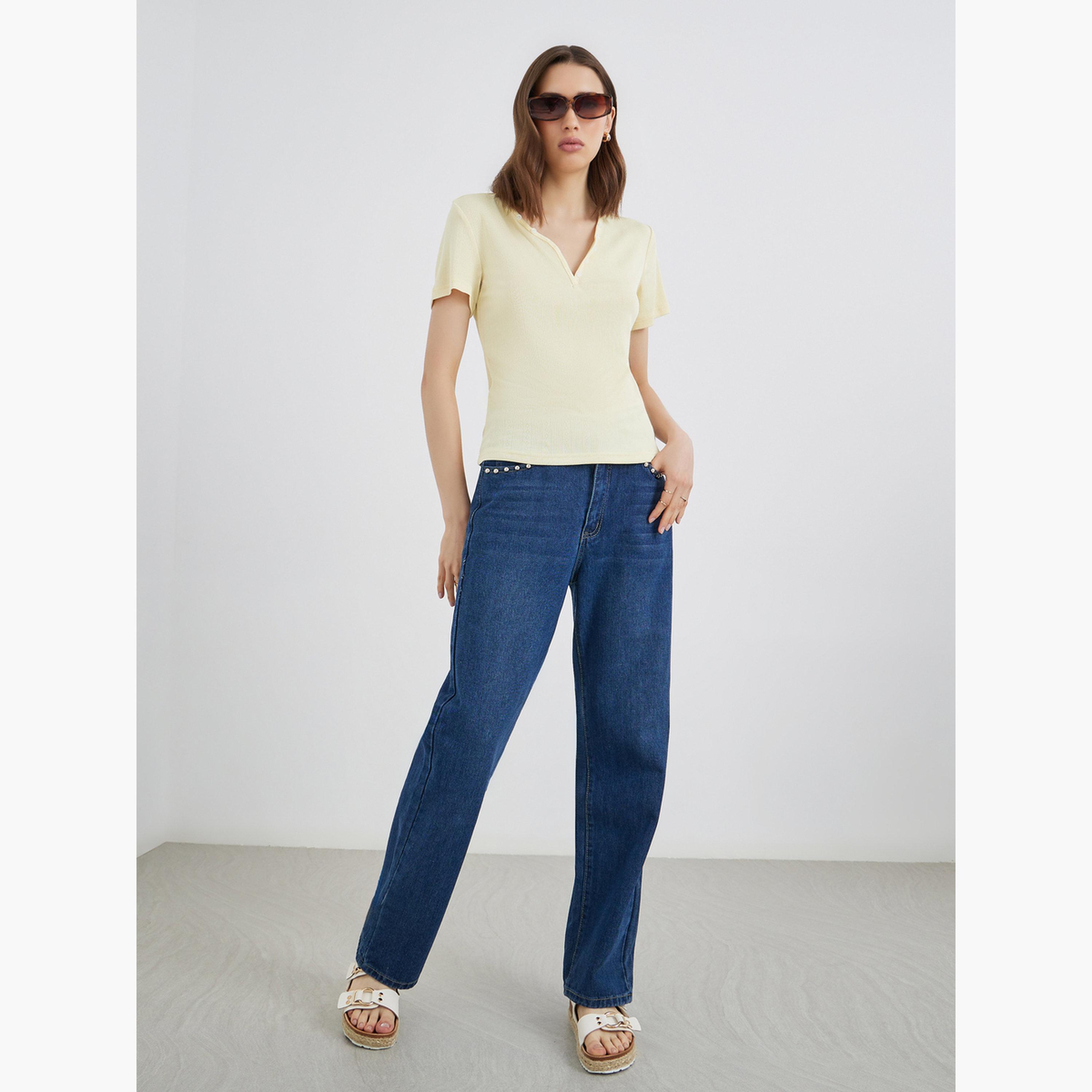 ستايلي - بلوزة صفراء محبوكة بأكمام قصيرة-women-clothing-shirtsandblouses-shirts-image-2