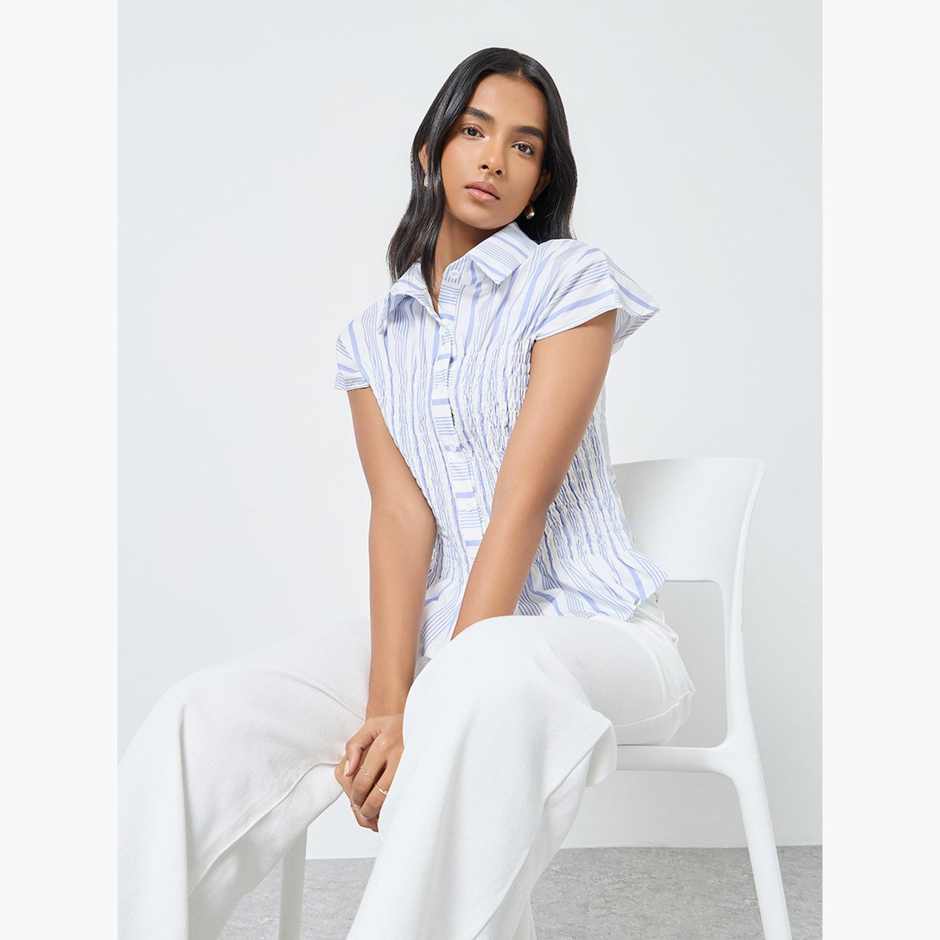 Take Two Striped Smocked Detail Buttoned Shirt-women-clothing-shirtsandblouses-shirts-image-2