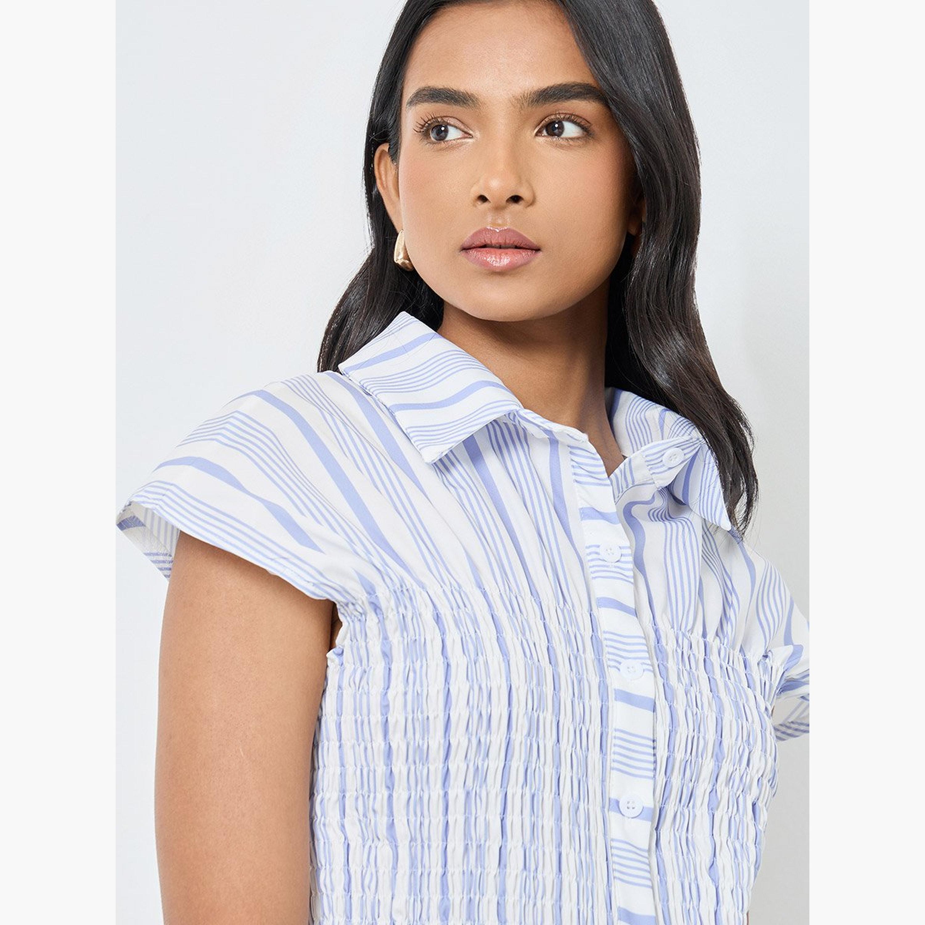 Take Two Striped Smocked Detail Buttoned Shirt-women-clothing-shirtsandblouses-shirts-image-3