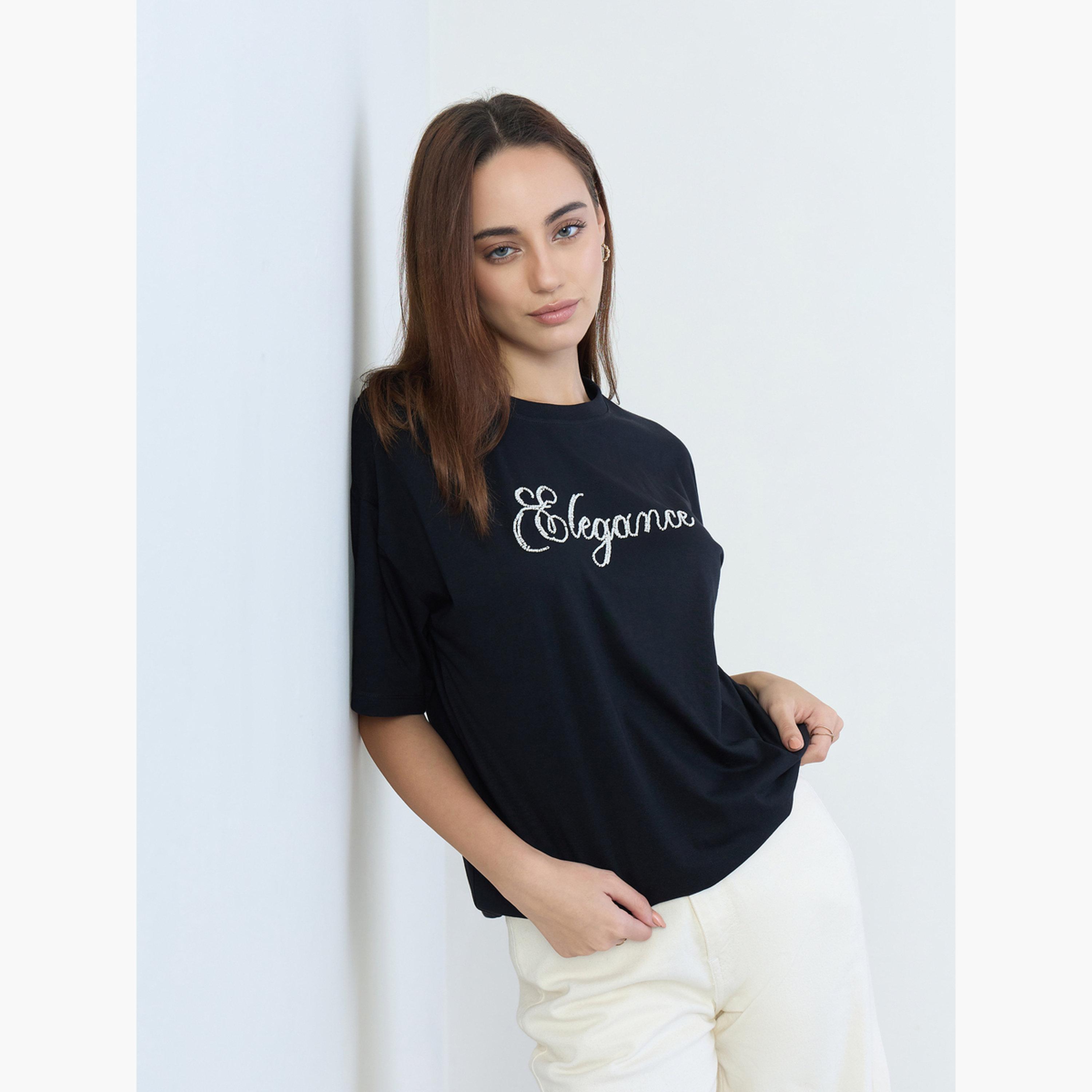 Styli Black Beaded Slogan Oversized T-Shirt-women-clothing-tshirts-image-1