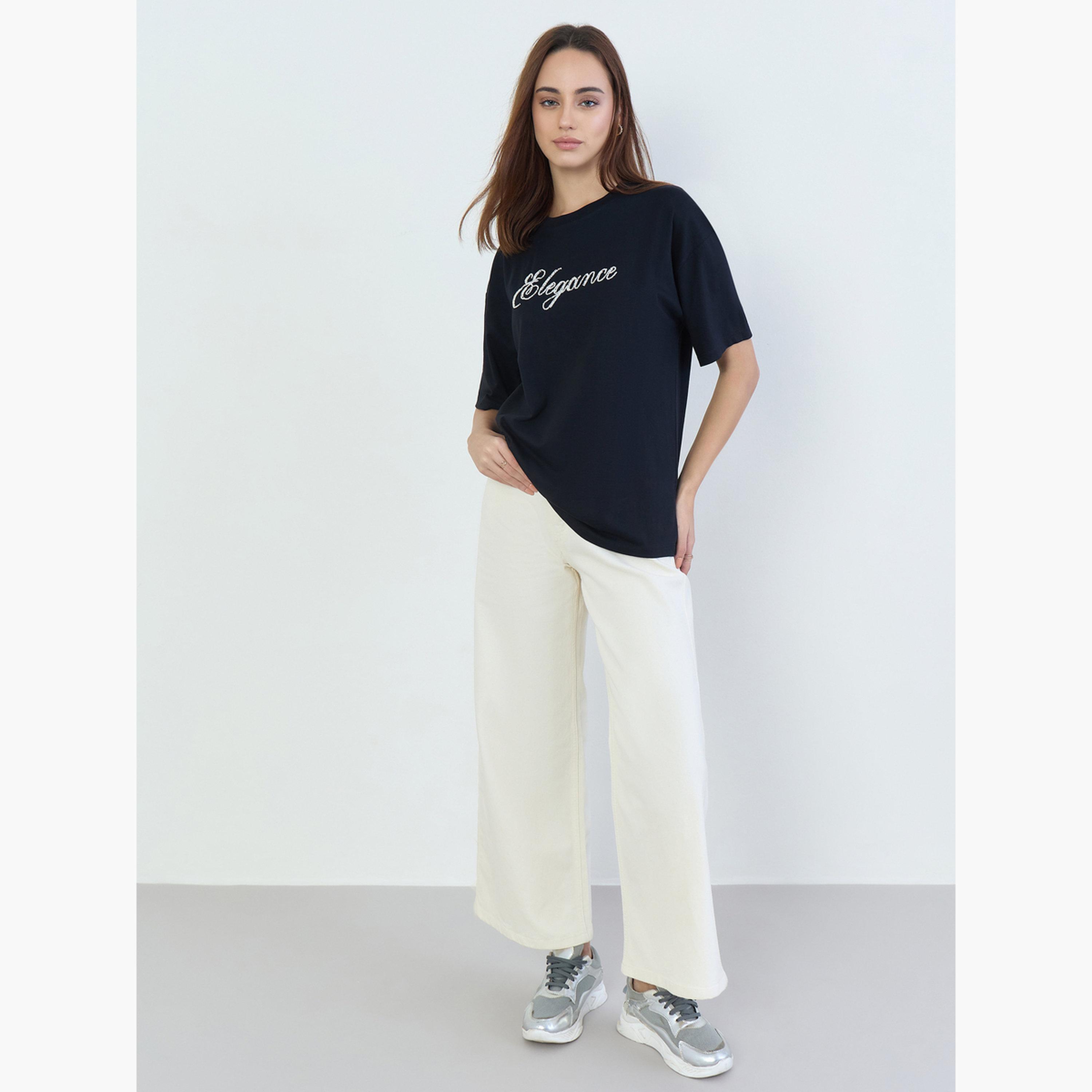 Styli Black Beaded Slogan Oversized T-Shirt-women-clothing-tshirts-image-2