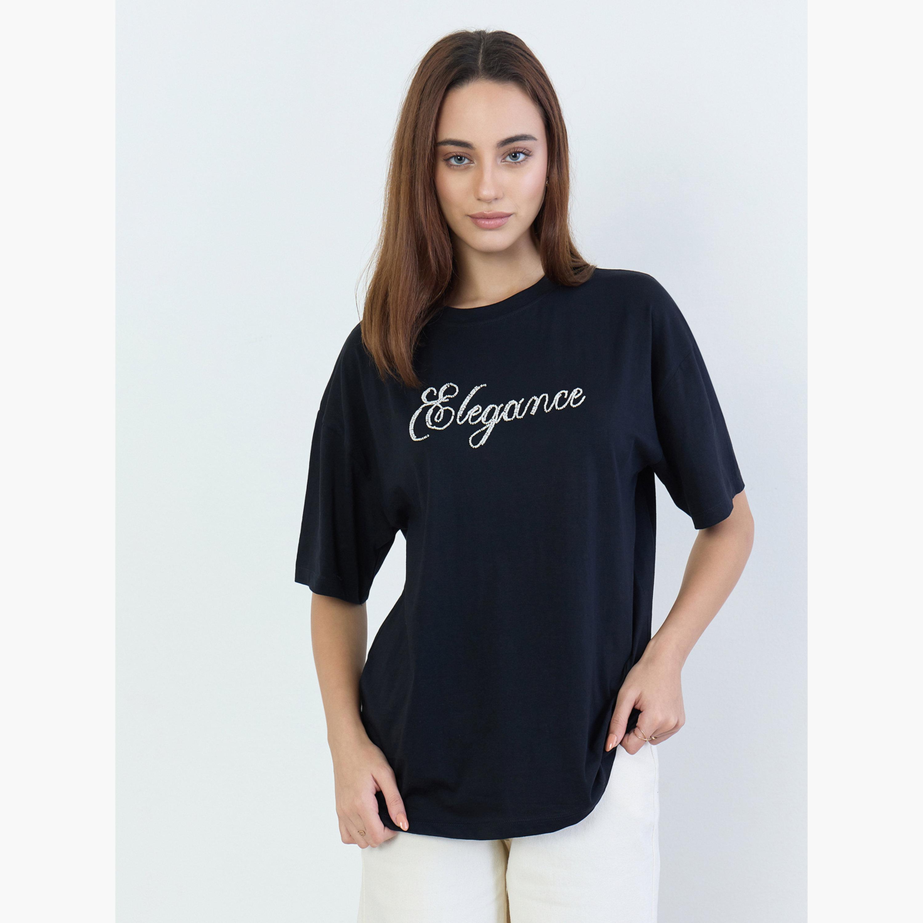 Styli Black Beaded Slogan Oversized T-Shirt-women-clothing-tshirts-image-3