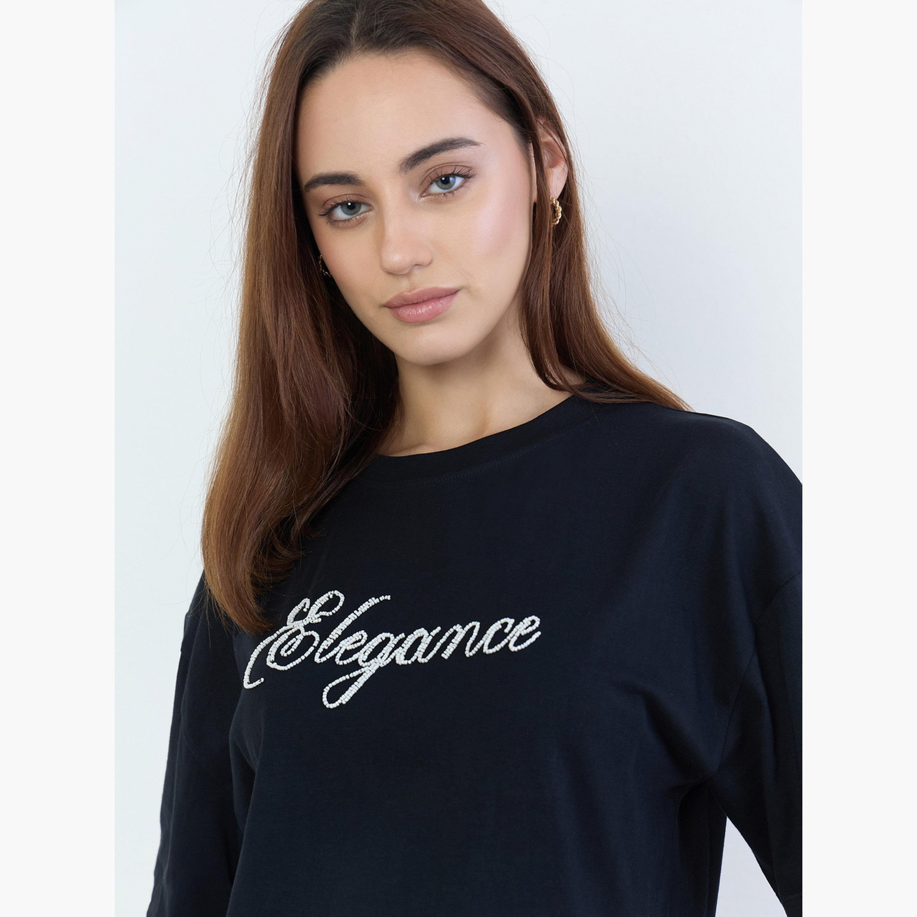 Styli Black Beaded Slogan Oversized T-Shirt-women-clothing-tshirts-image-4
