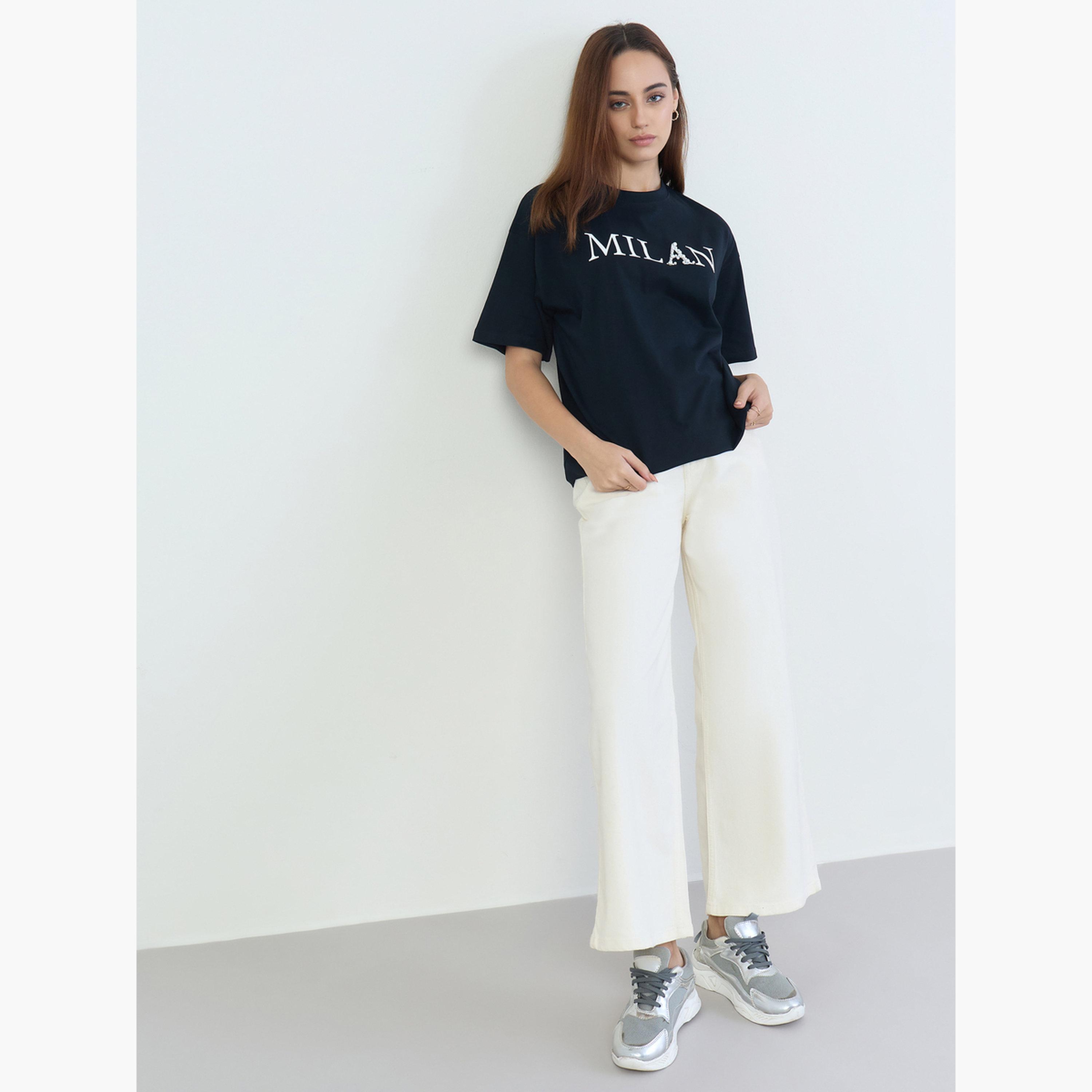 Styli Black Oversized Slogan Print T-Shirt-women-clothing-tshirts-image-2
