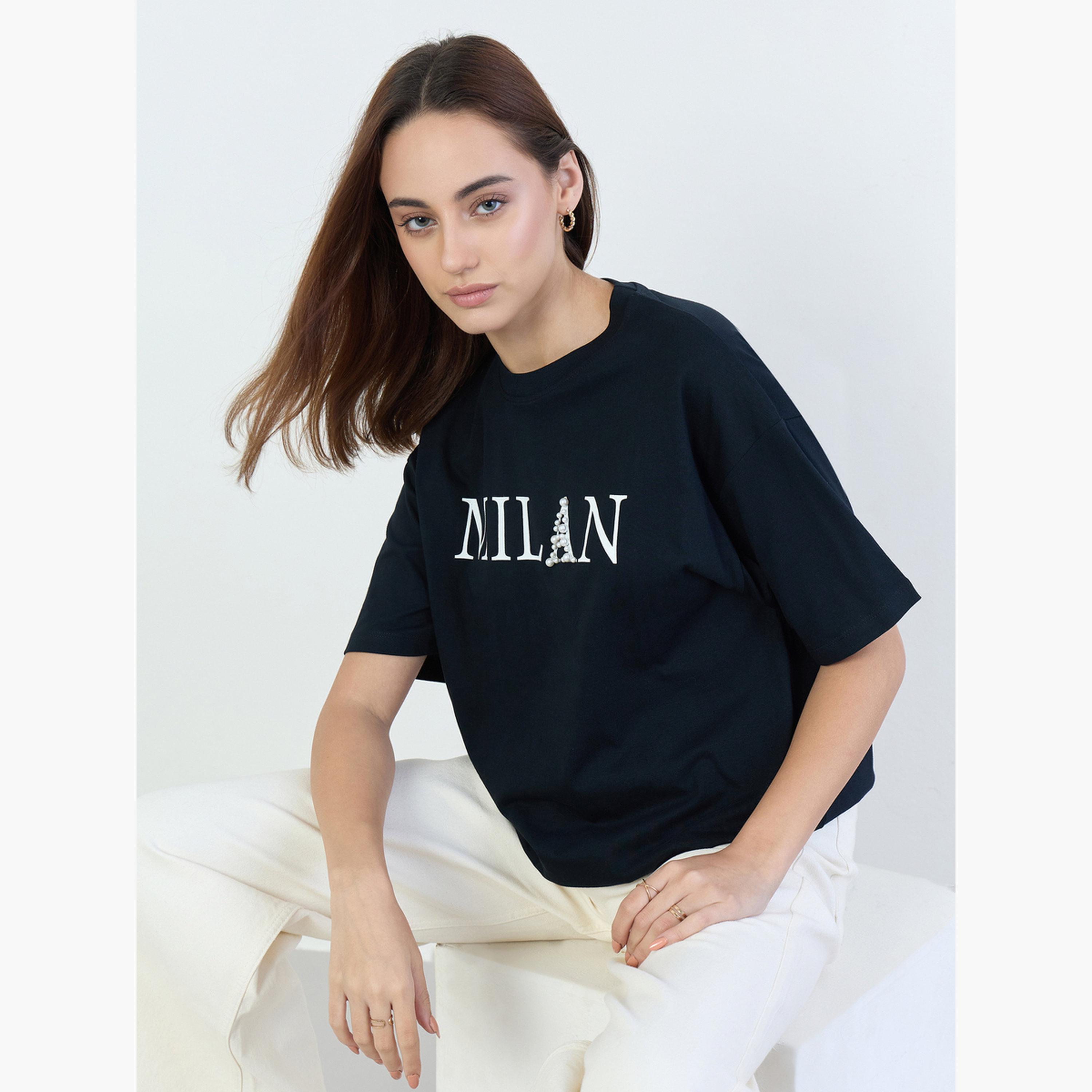 Styli Black Oversized Slogan Print T-Shirt-women-clothing-tshirts-image-3