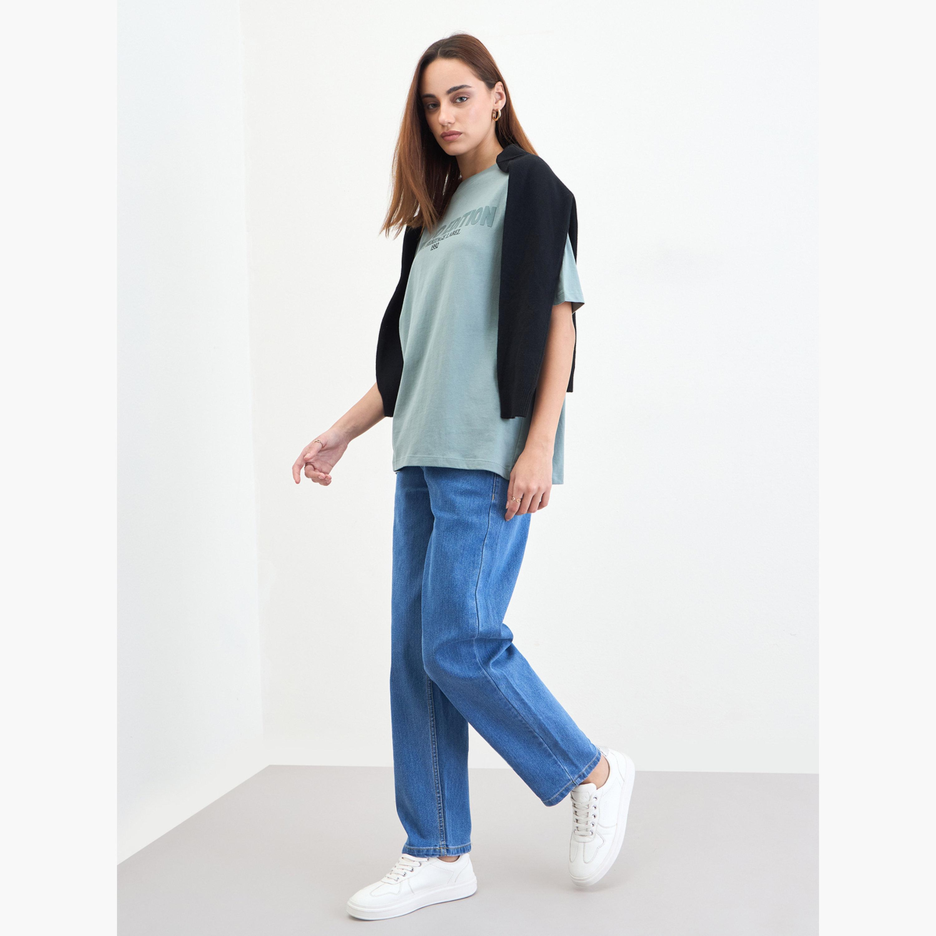 Styli Oversized Green Slogan Print T-Shirt-women-clothing-tshirts-image-2