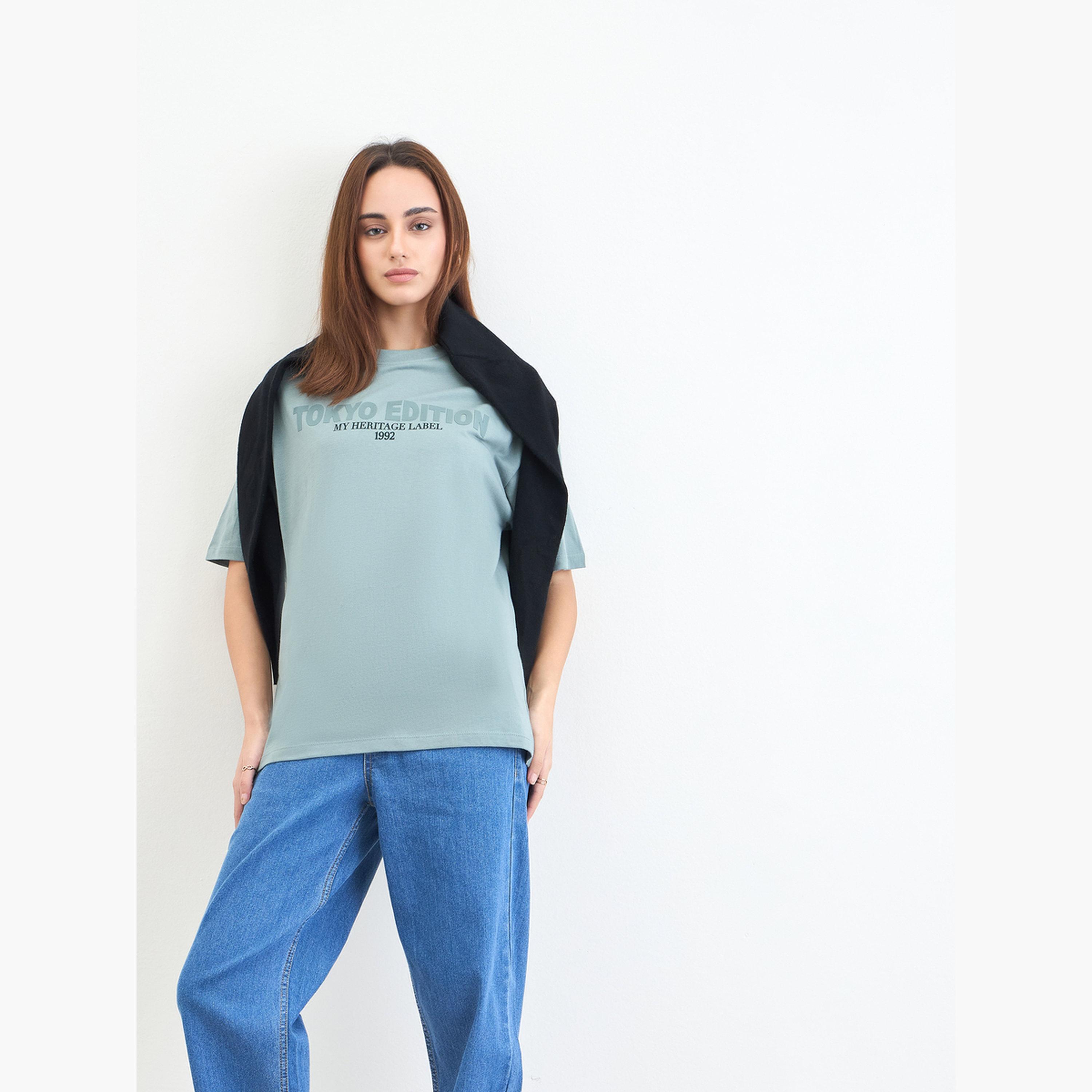 Styli Oversized Green Slogan Print T-Shirt-women-clothing-tshirts-image-4
