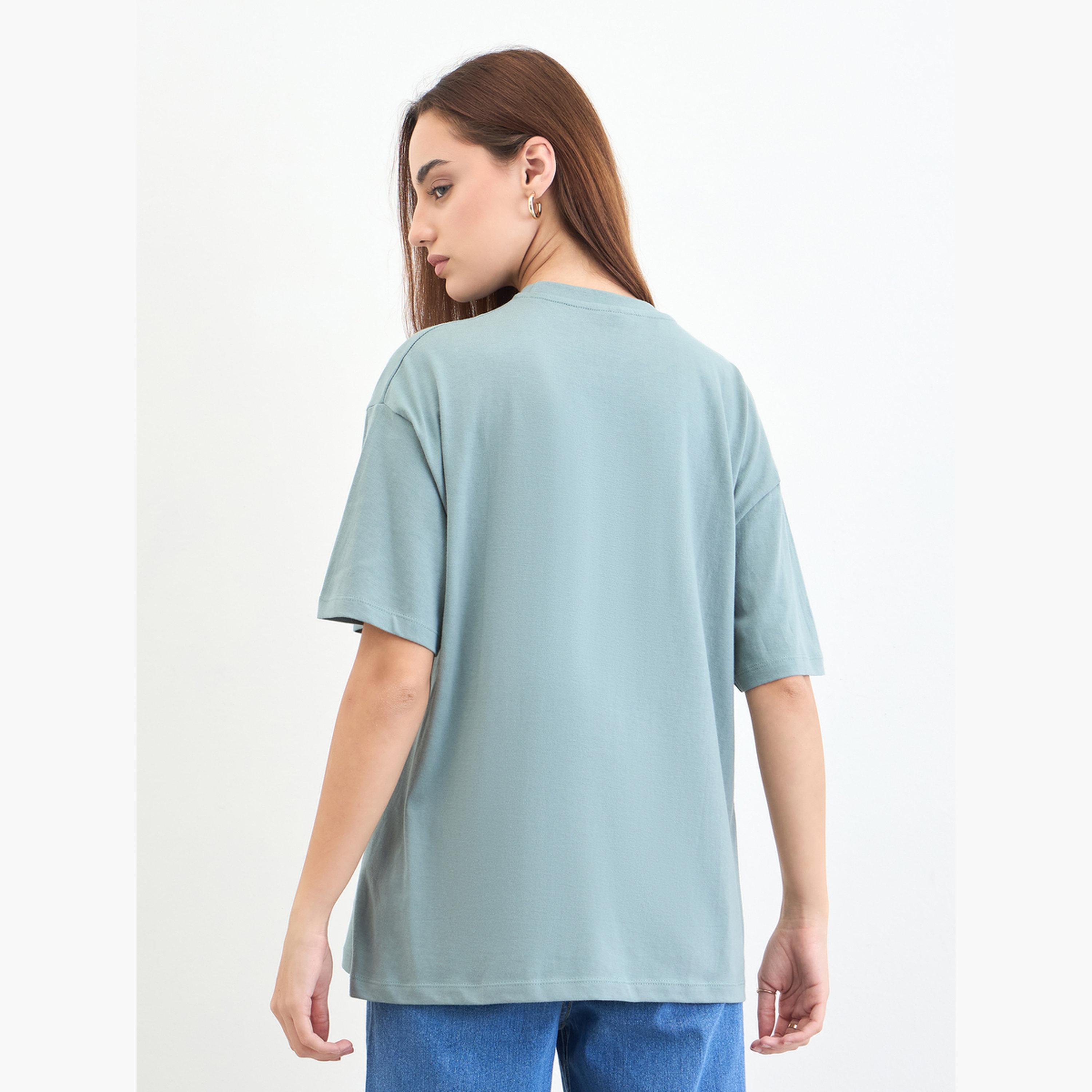 Styli Oversized Green Slogan Print T-Shirt-women-clothing-tshirts-image-5