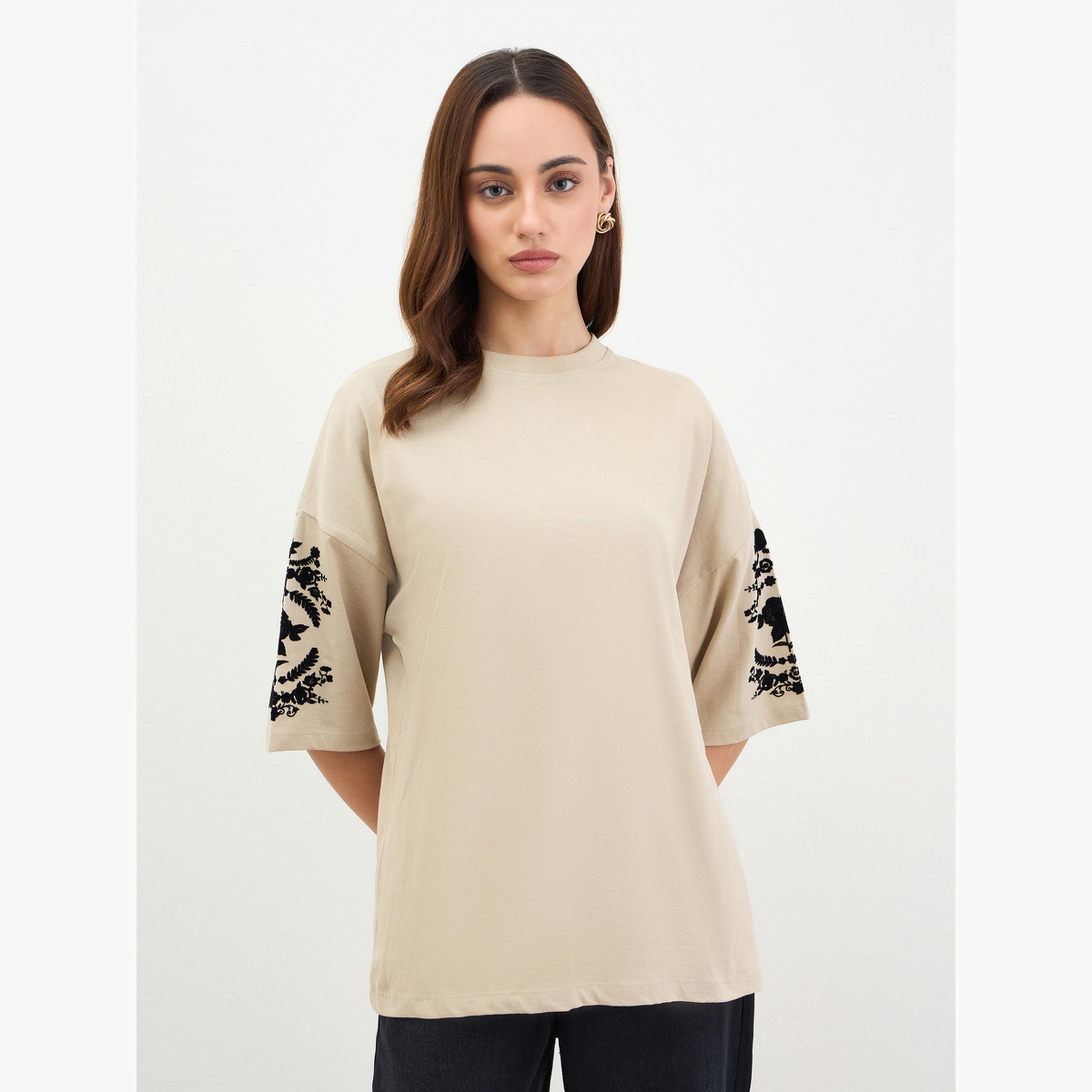 Styli Beige Embroidered Oversized T-Shirt-women-clothing-tshirts-image-3