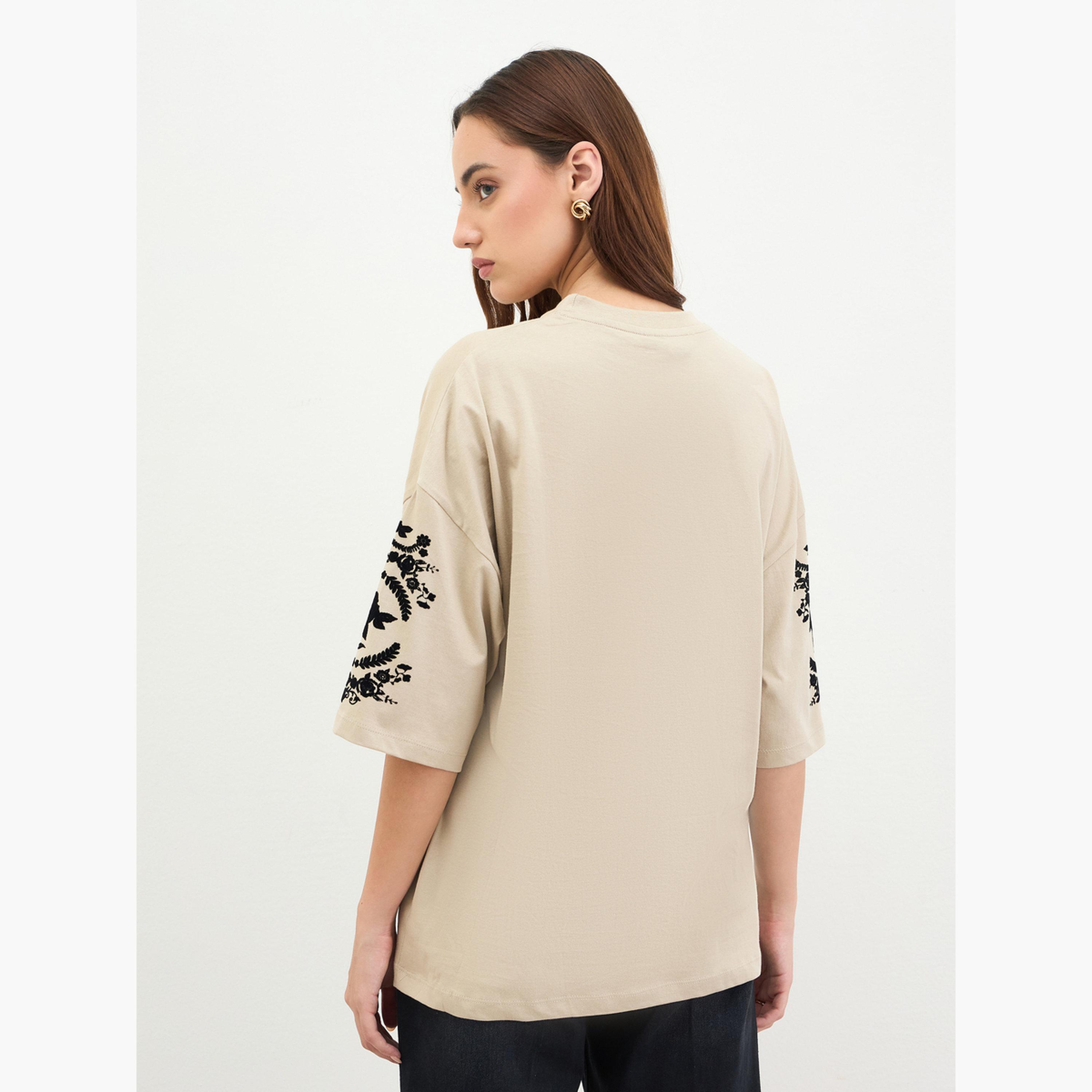 Styli Beige Embroidered Oversized T-Shirt-women-clothing-tshirts-image-5