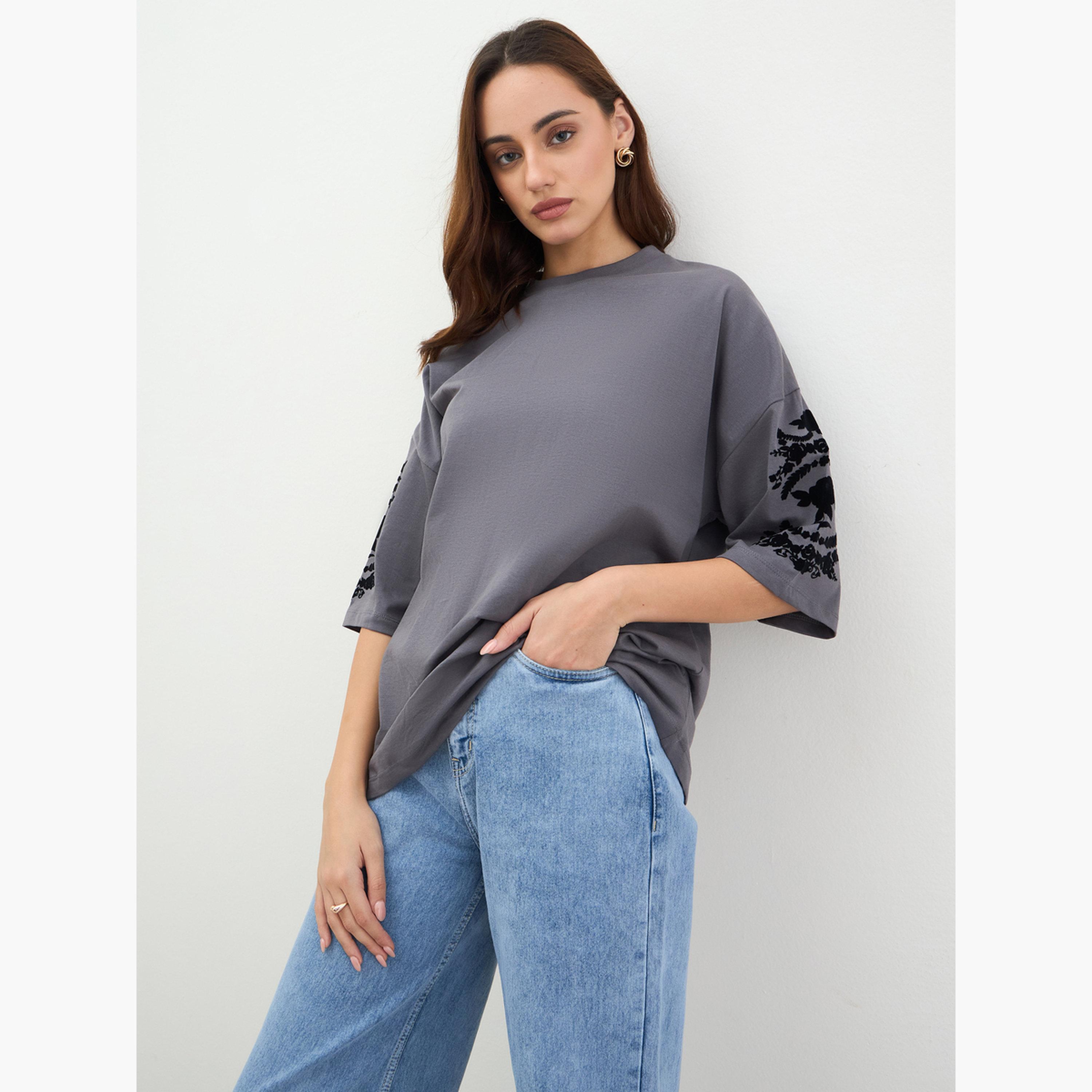 Styli Charcoal Embroidered Sleeve Oversized T-Shirt-women-clothing-tshirts-image-1