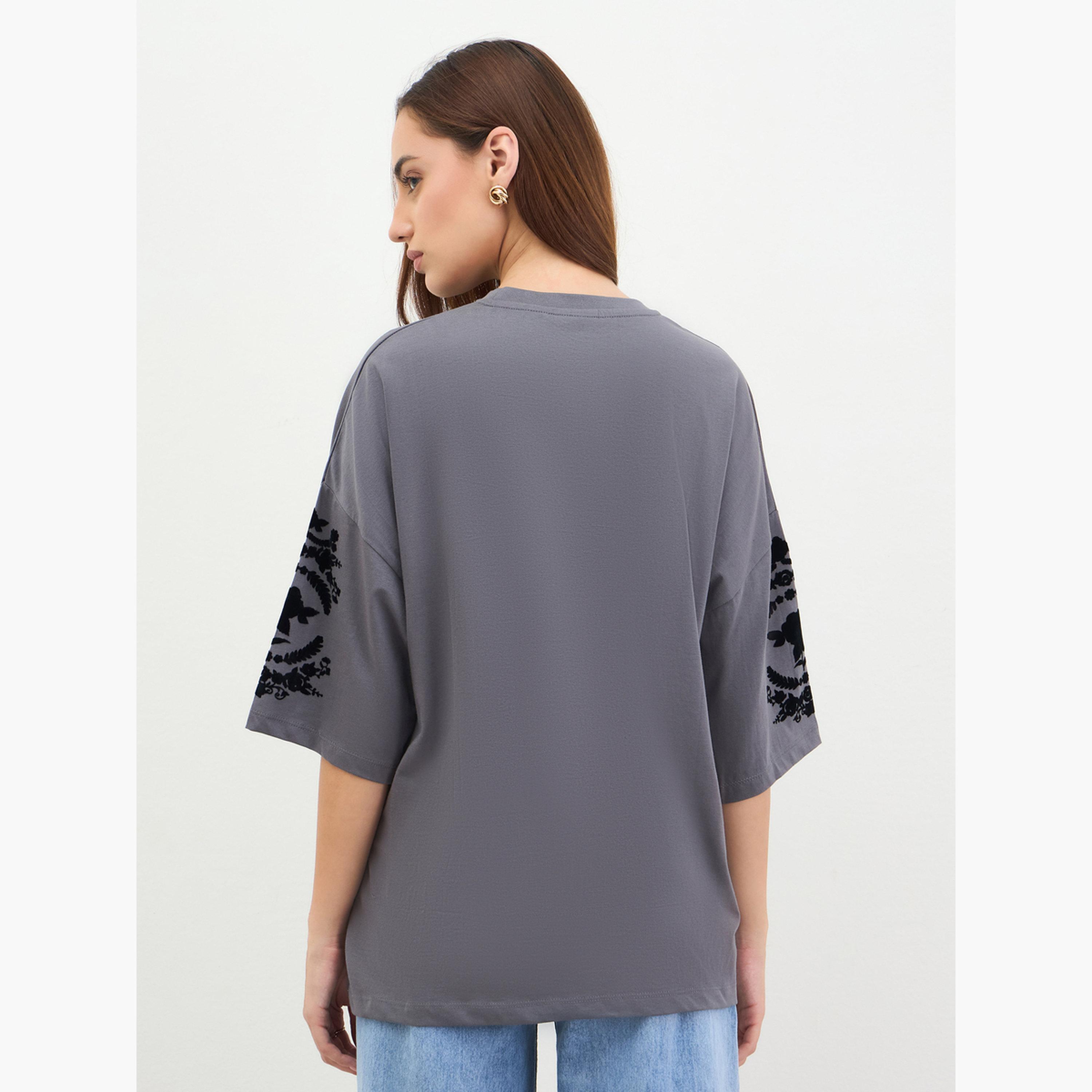 Styli Charcoal Embroidered Sleeve Oversized T-Shirt-women-clothing-tshirts-image-5