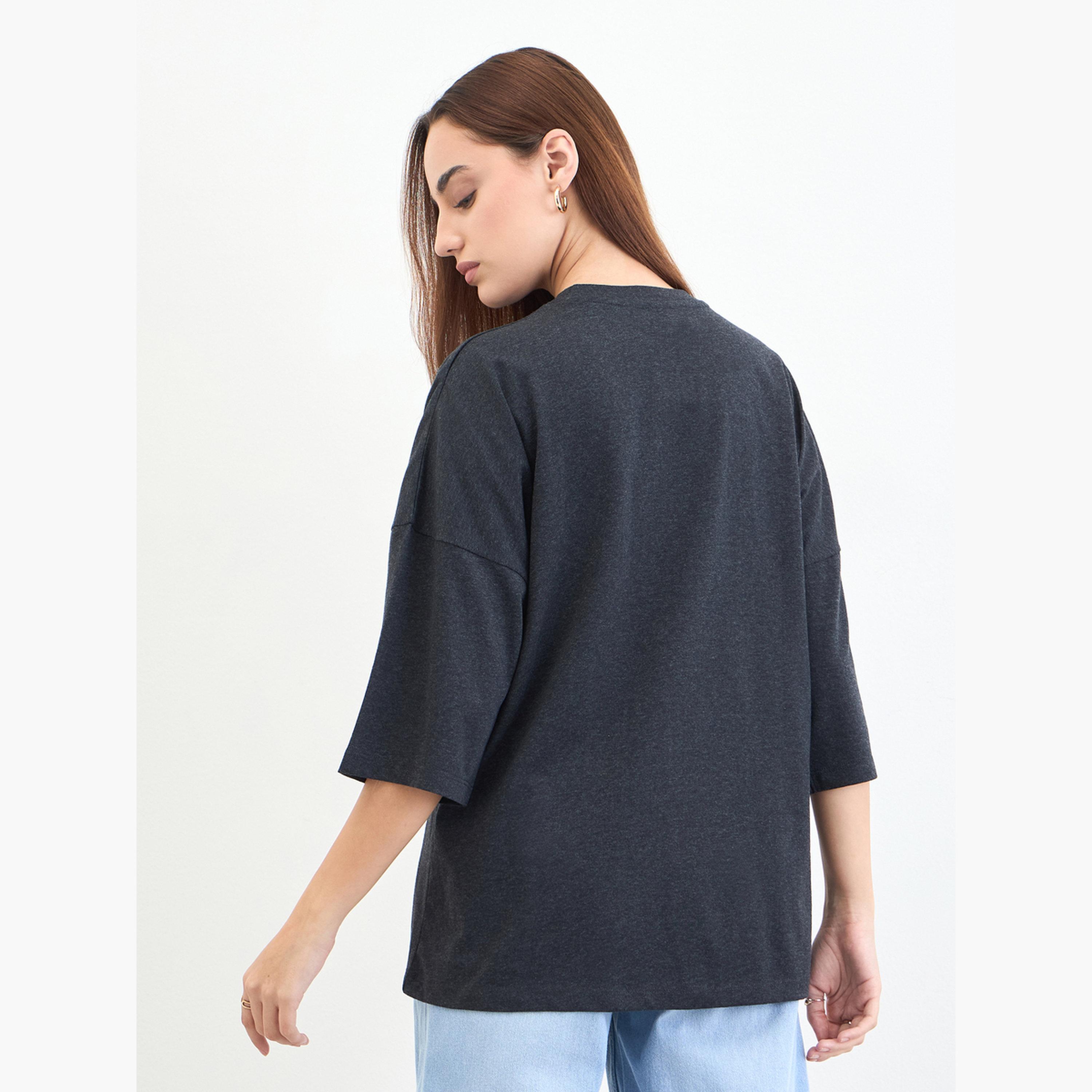 Styli Charcoal Slogan Oversized T-Shirt with 3/4 Sleeves-women-clothing-tshirts-image-5