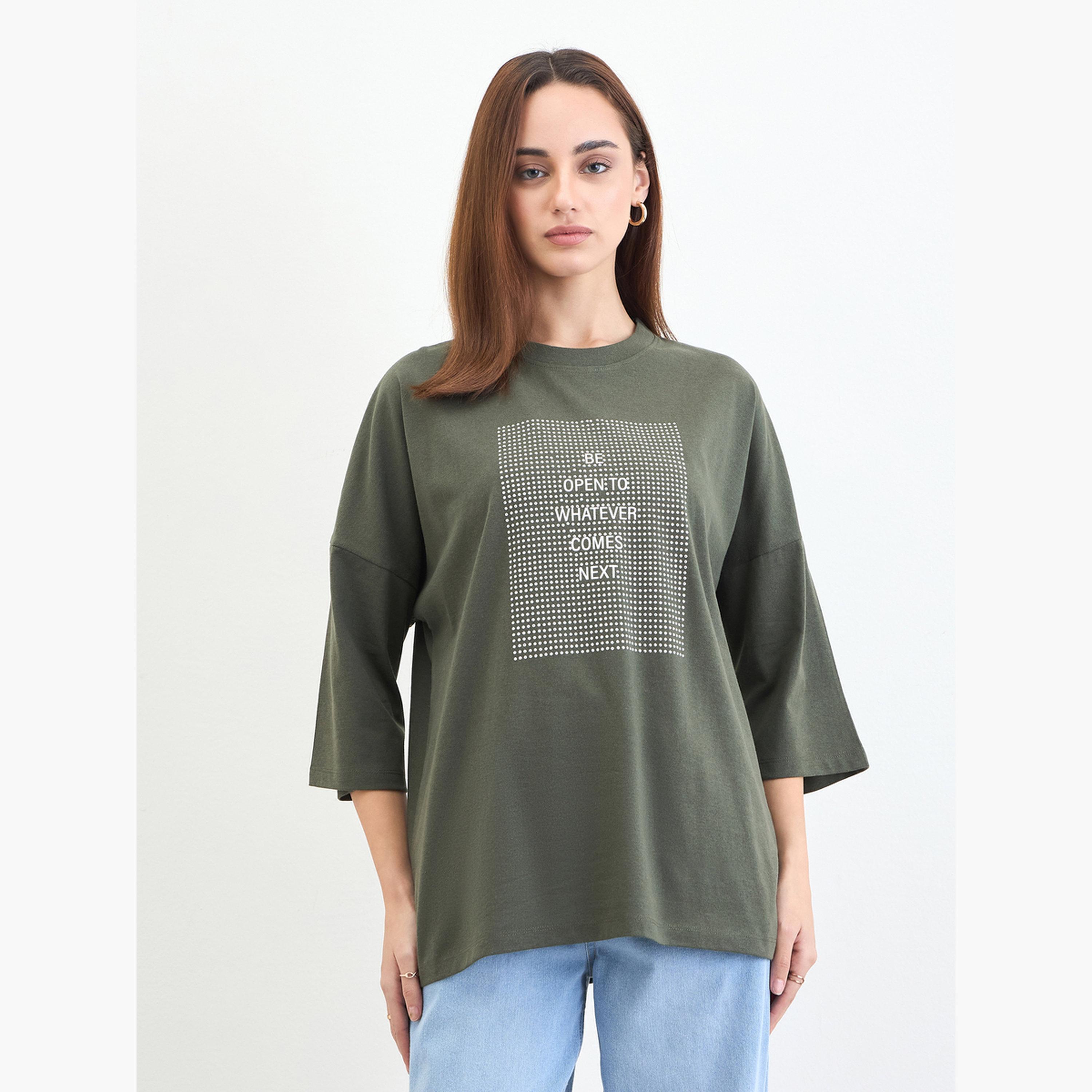 Styli Green Slogan Oversized T-Shirt with 3/4 Sleeves-women-clothing-tshirts-image-1