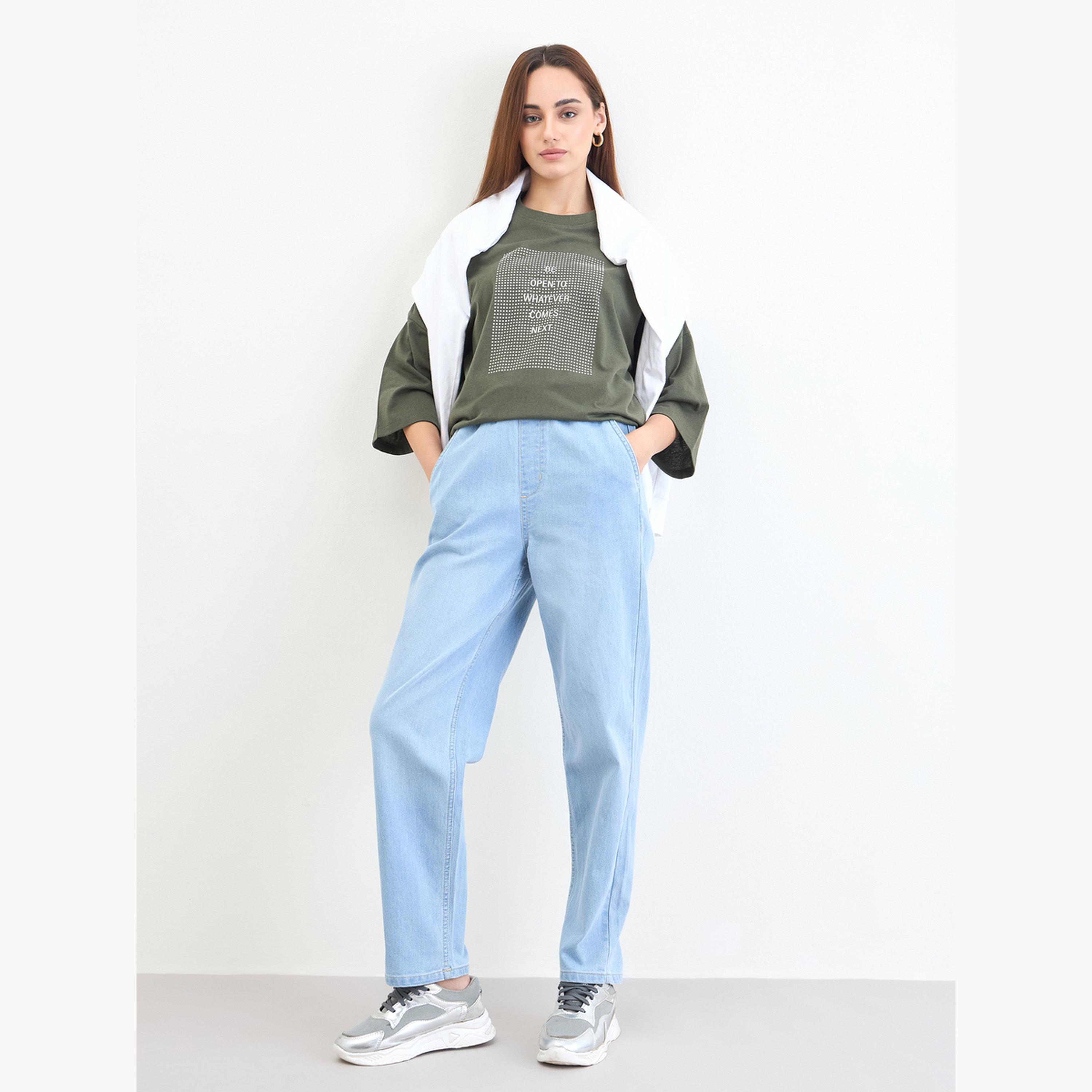 ستايلي - تي شيرت أخضر مقاس واسع بأكمام ثلاثة أرباع وشعار-women-clothing-tshirts-image-2