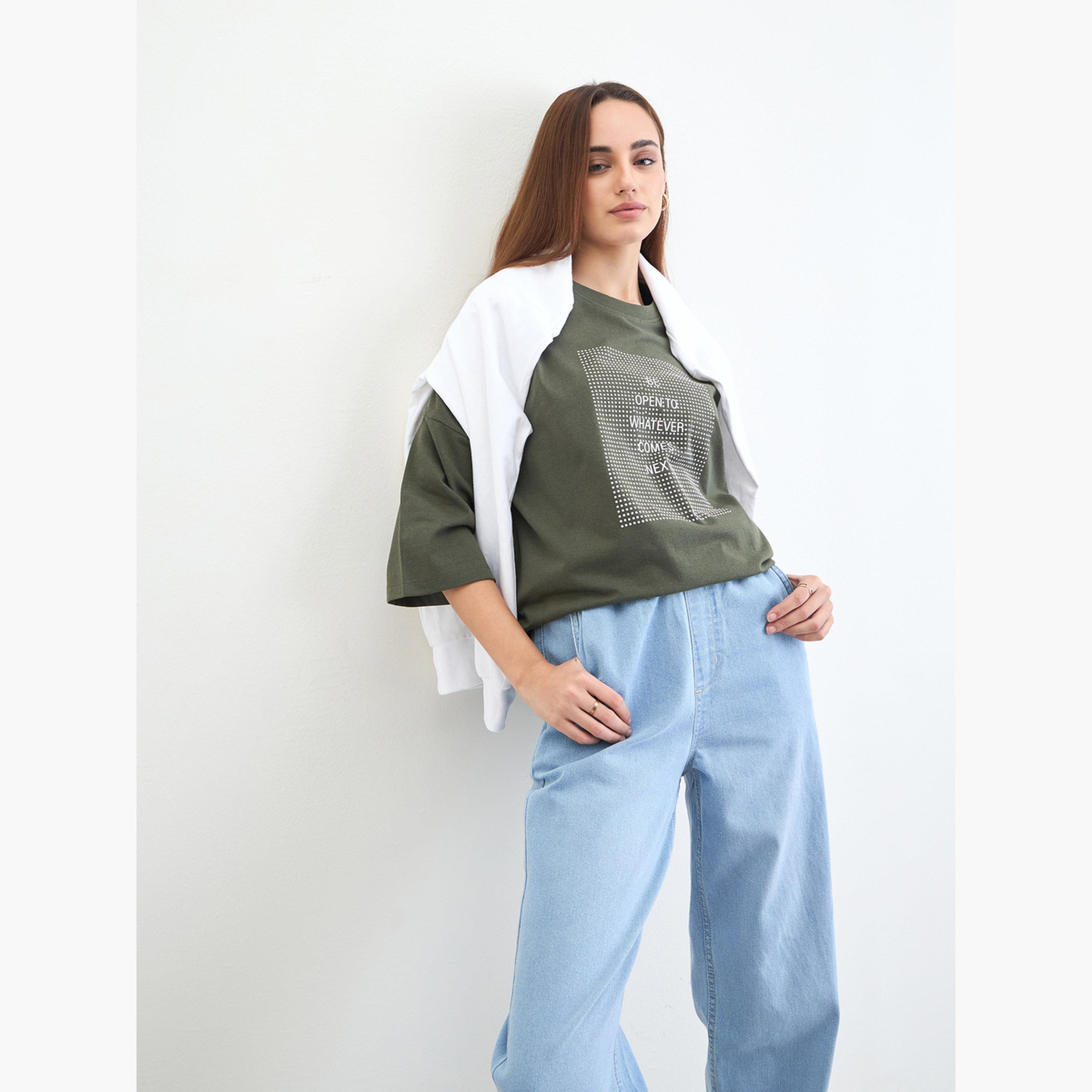 Styli Green Slogan Oversized T-Shirt with 3/4 Sleeves-women-clothing-tshirts-image-4