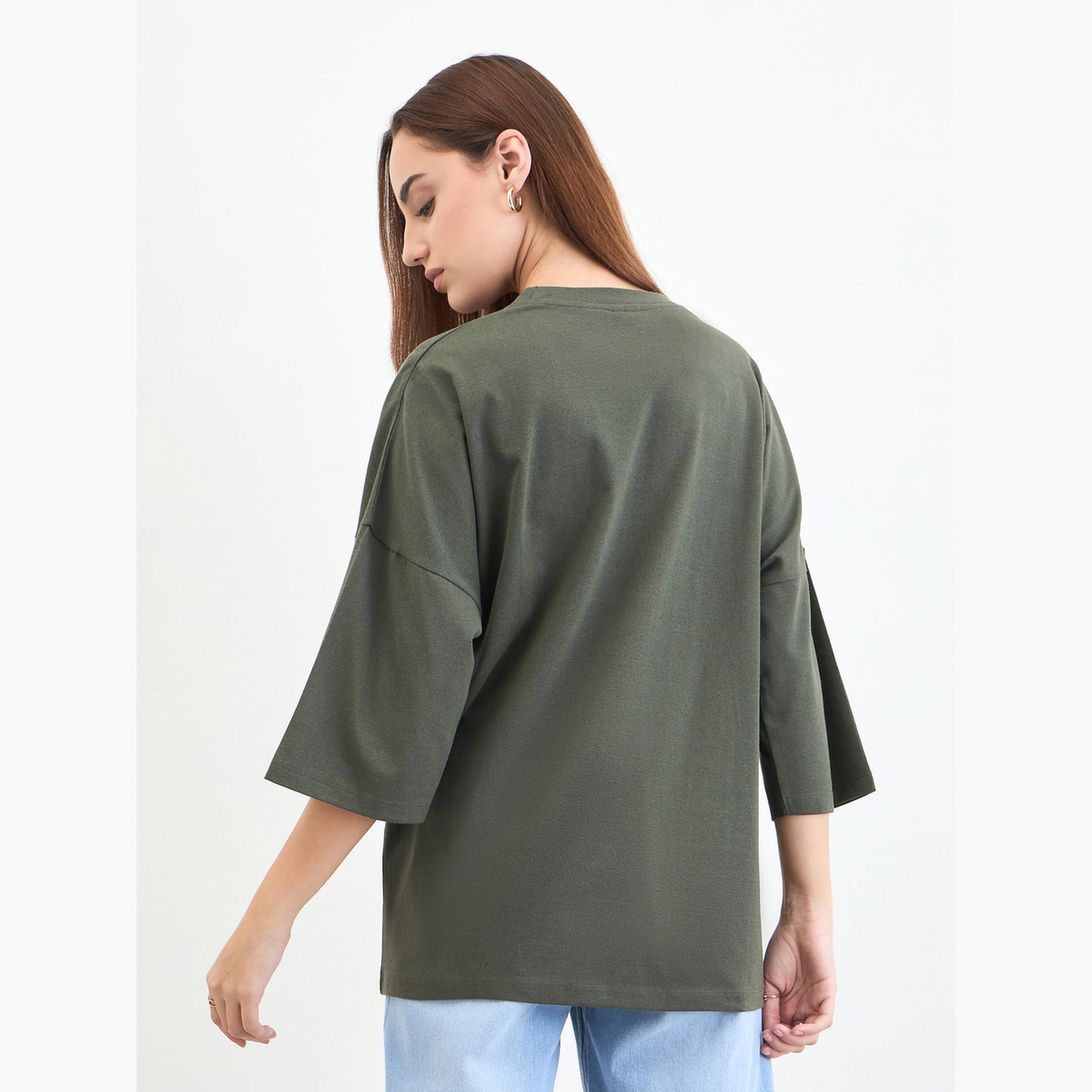 Styli Green Slogan Oversized T-Shirt with 3/4 Sleeves-women-clothing-tshirts-image-5