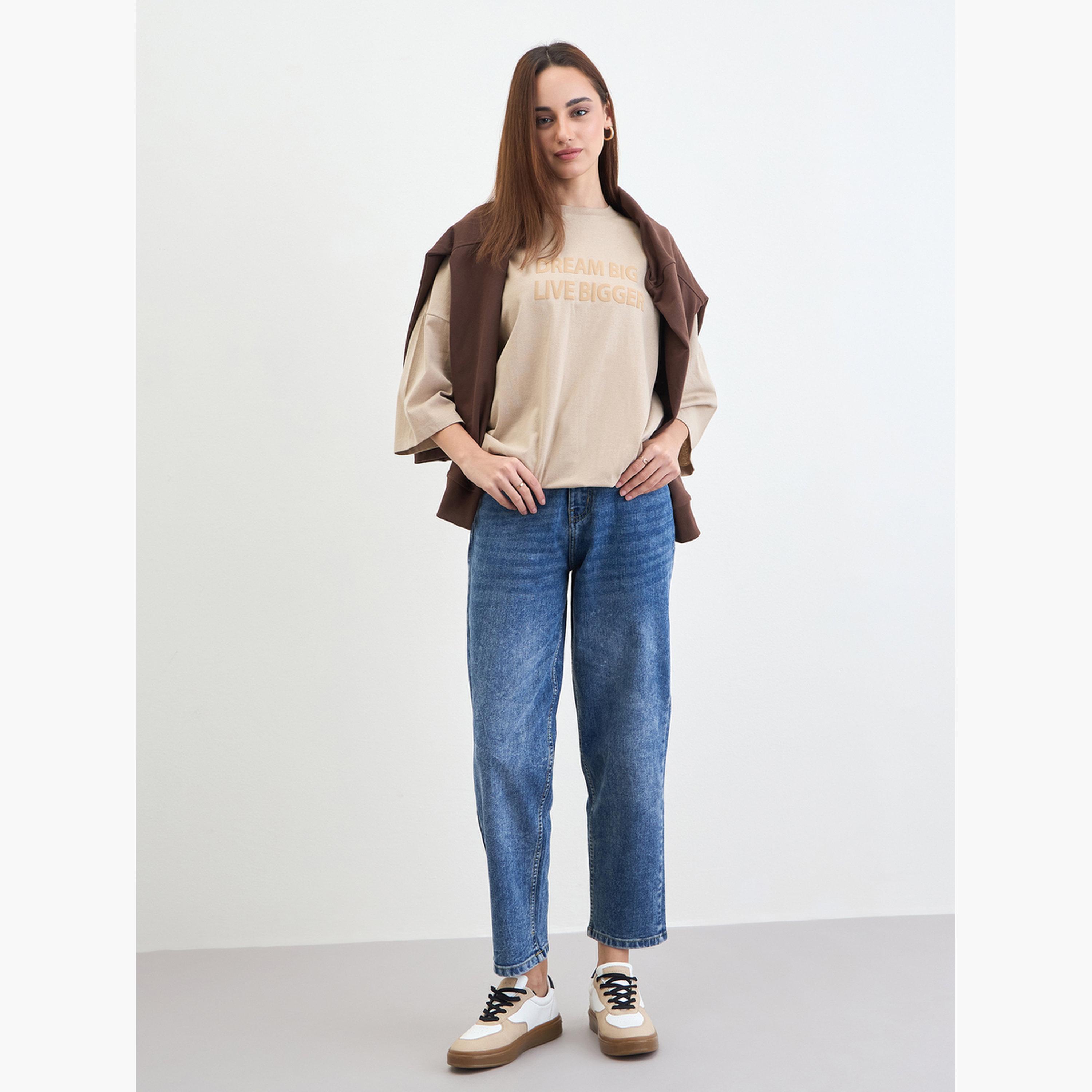 Styli Beige Slogan Embossed Oversized T-Shirt-women-clothing-tshirts-image-2