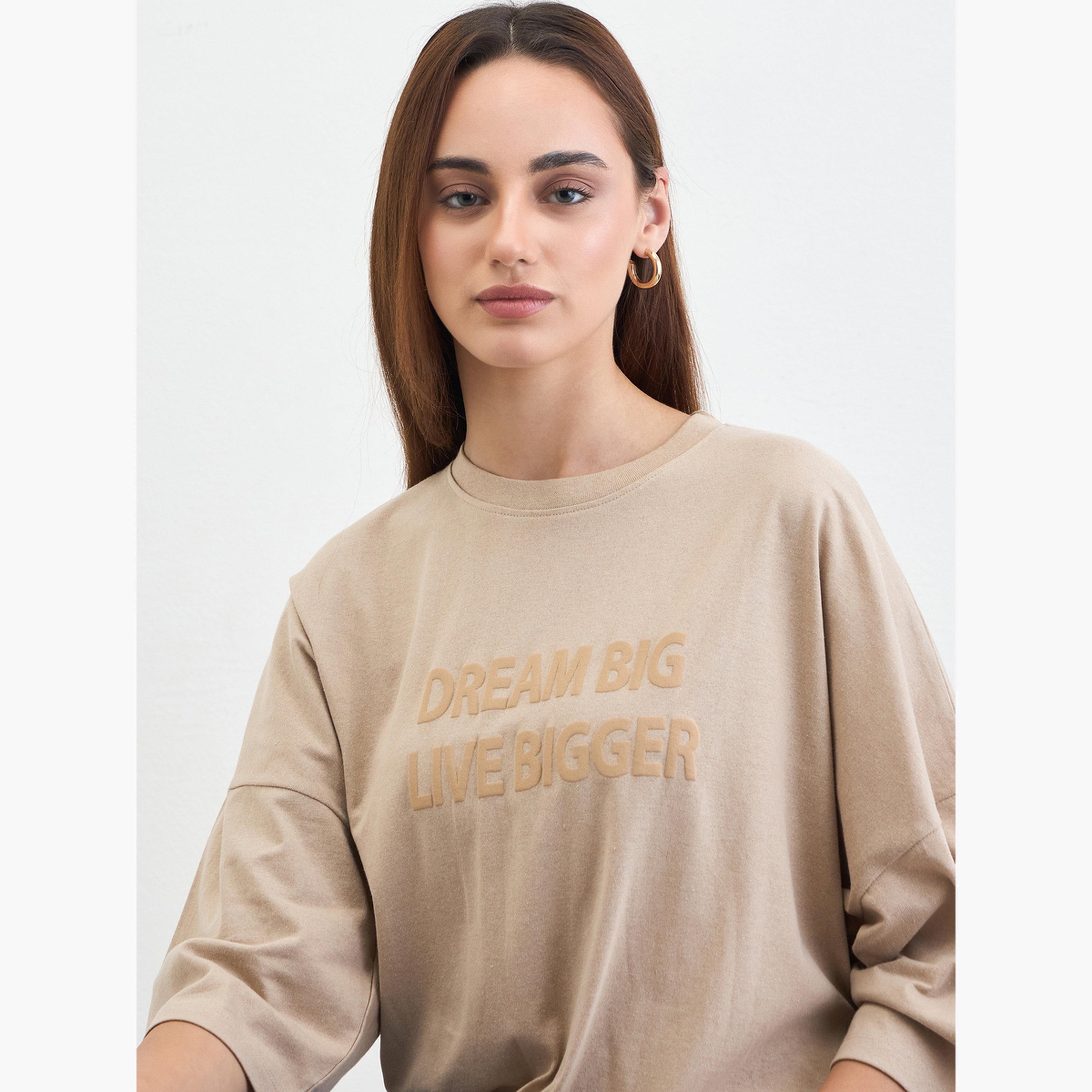 Styli Beige Slogan Embossed Oversized T-Shirt-women-clothing-tshirts-image-3
