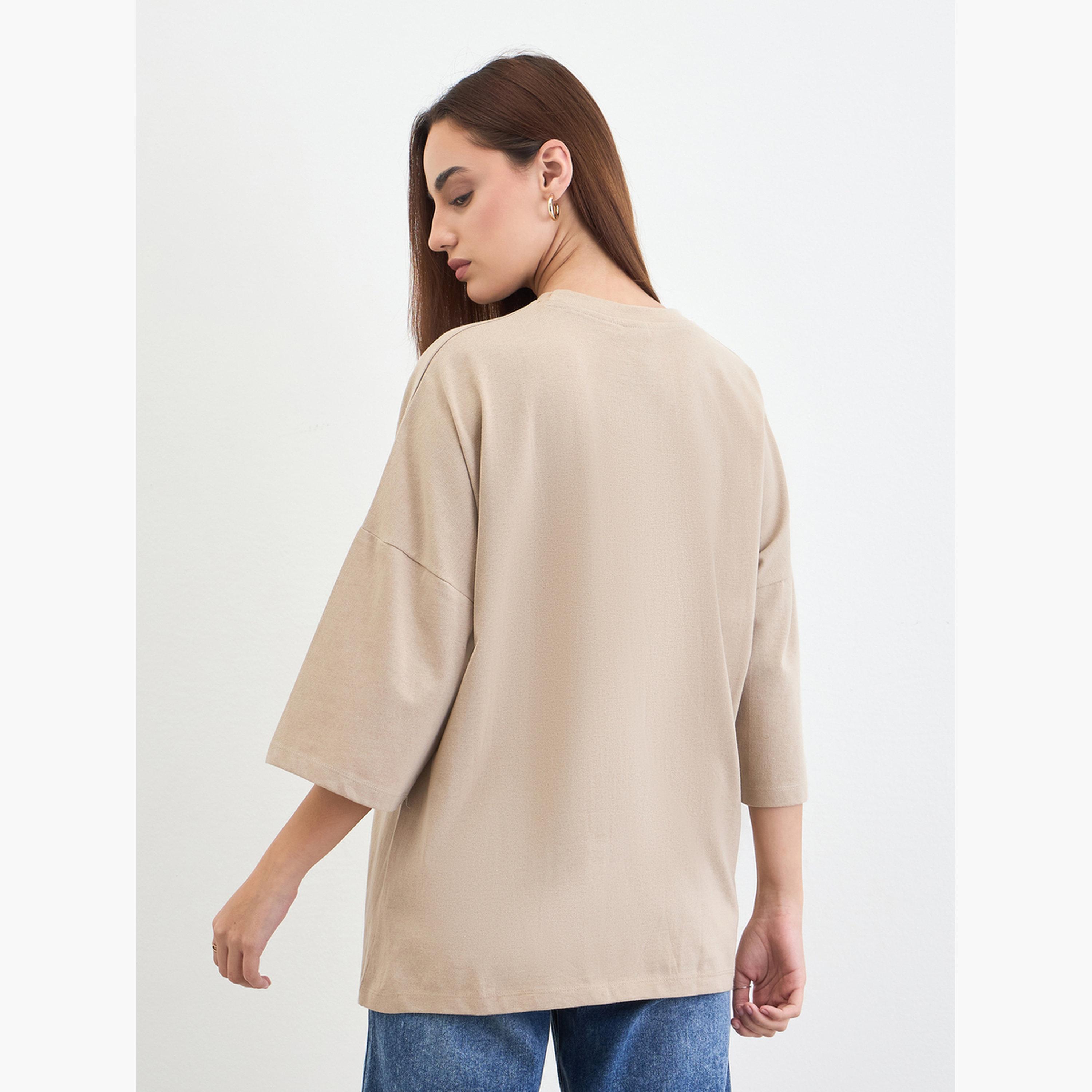 Styli Beige Slogan Embossed Oversized T-Shirt-women-clothing-tshirts-image-5