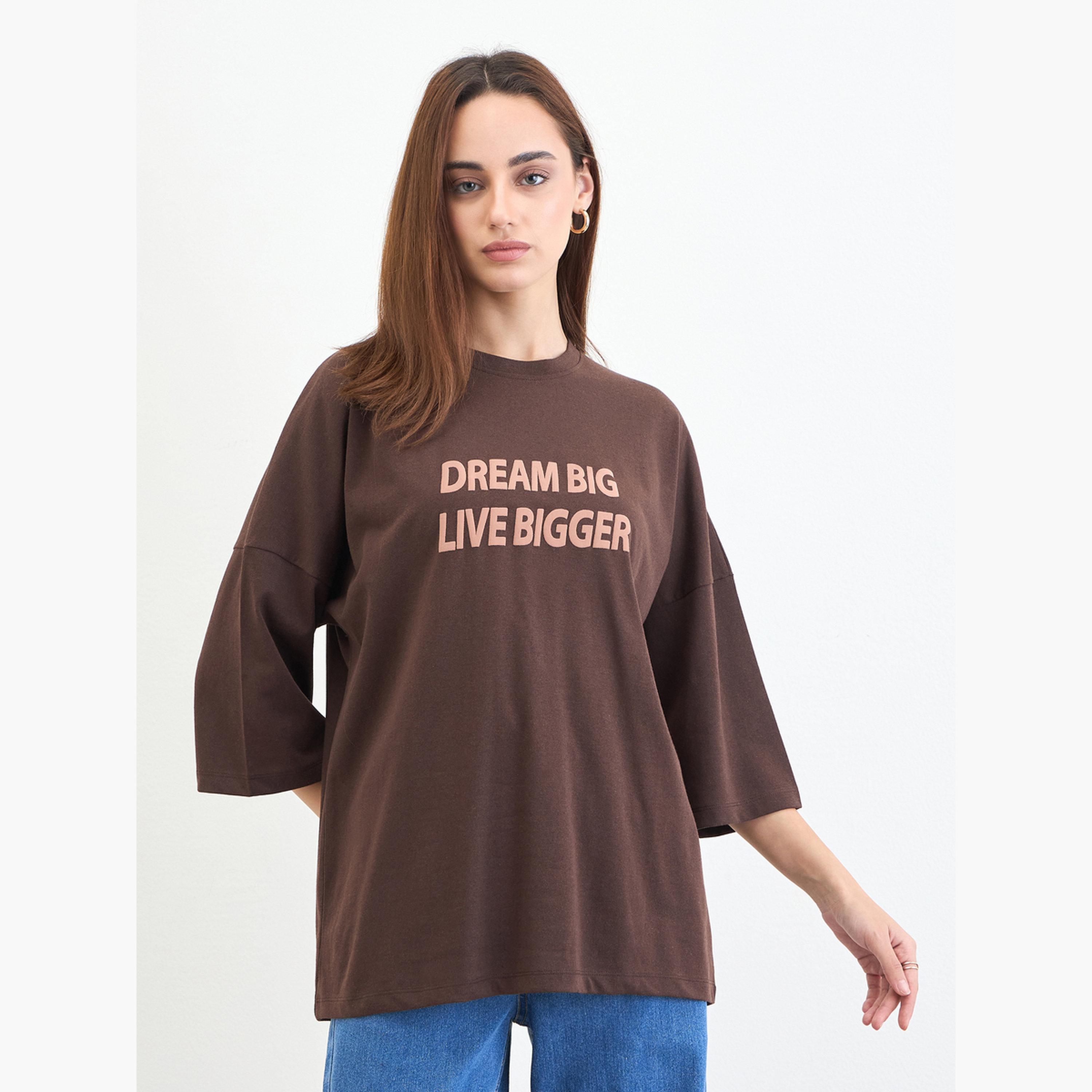 Styli Brown Slogan Embossed Oversized T-Shirt-women-clothing-tshirts-image-1