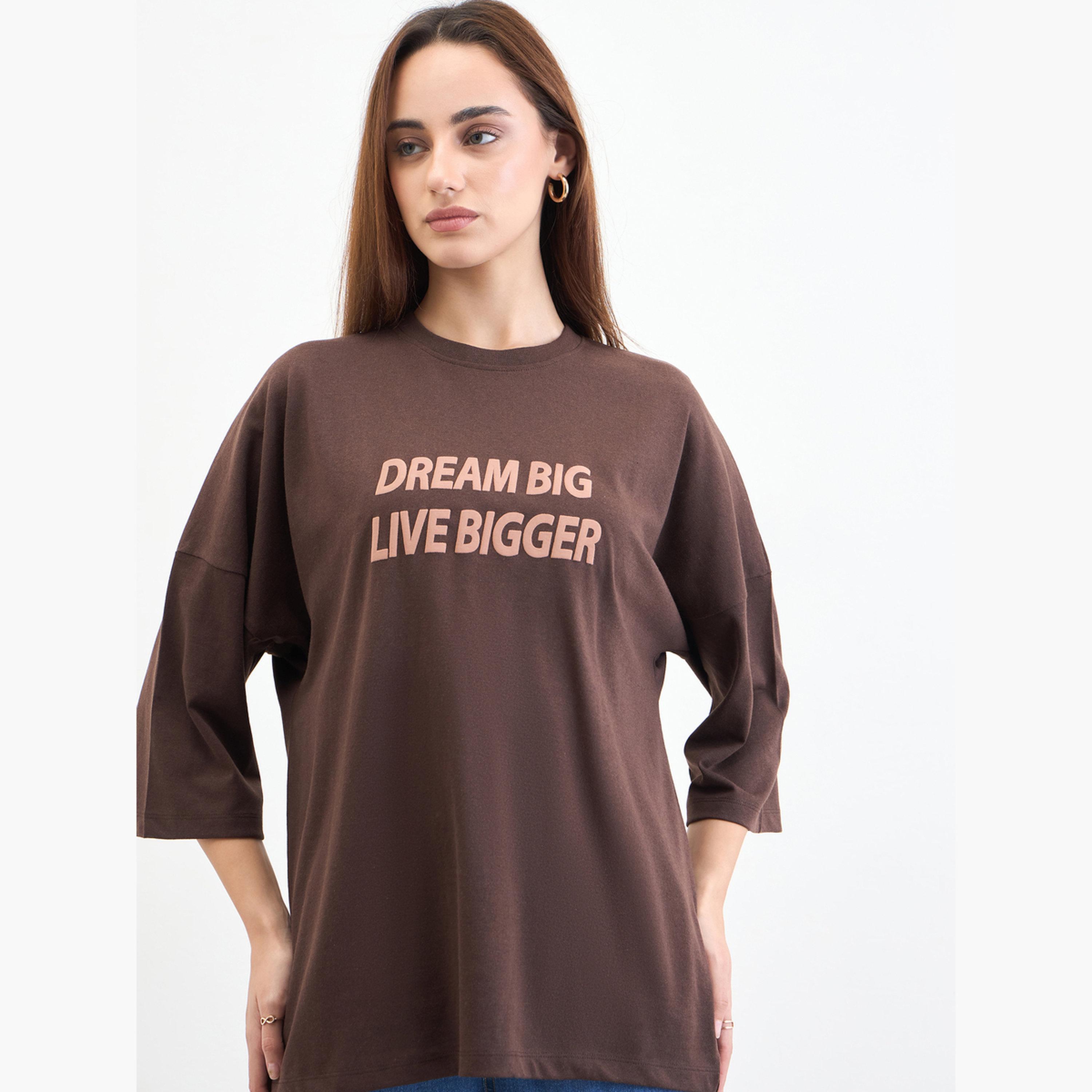 Styli Brown Slogan Embossed Oversized T-Shirt-women-clothing-tshirts-image-3