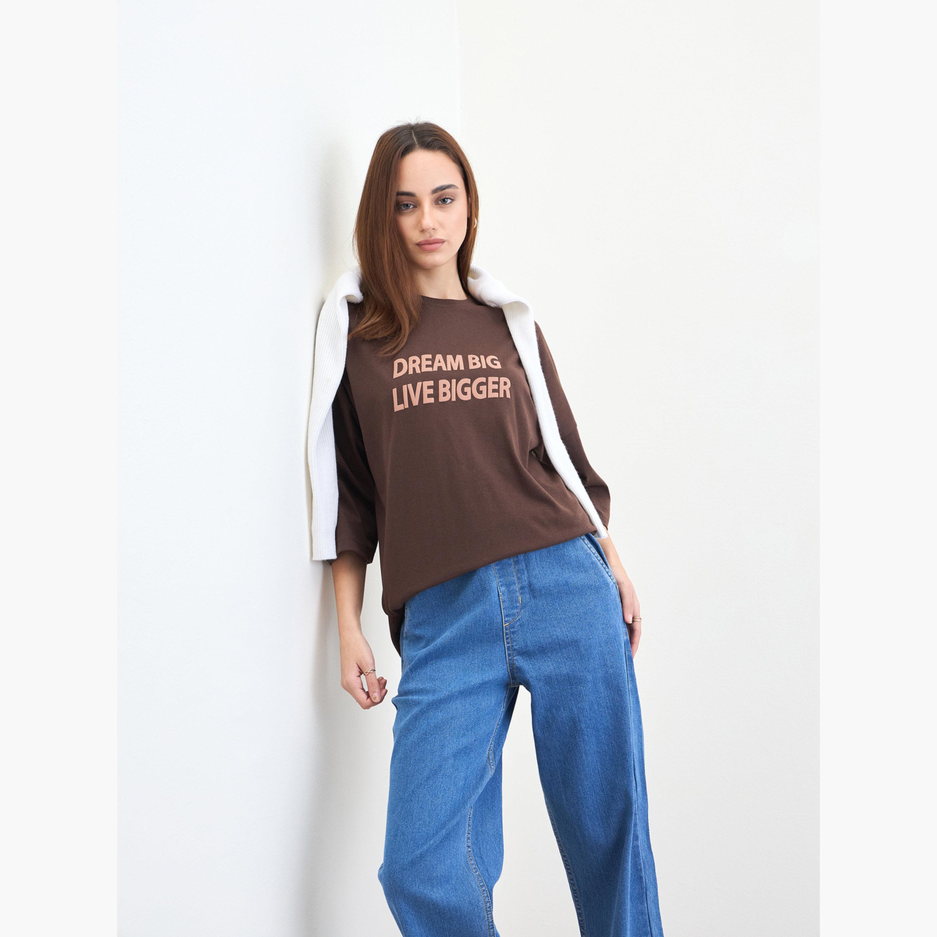 Styli Brown Slogan Embossed Oversized T-Shirt-women-clothing-tshirts-image-4