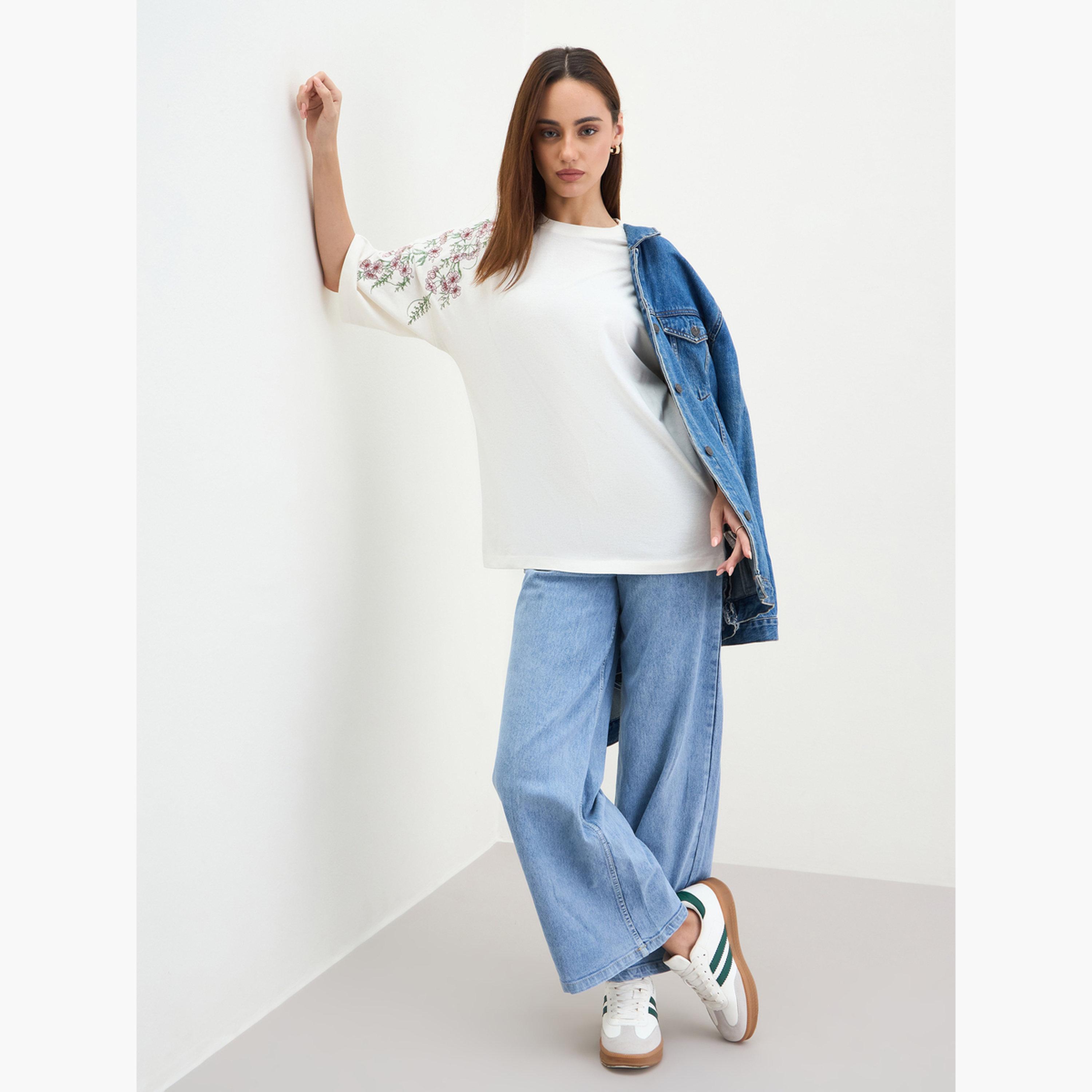 Styli Off White Embroidered Floral Oversized T-Shirt-women-clothing-tshirts-image-2