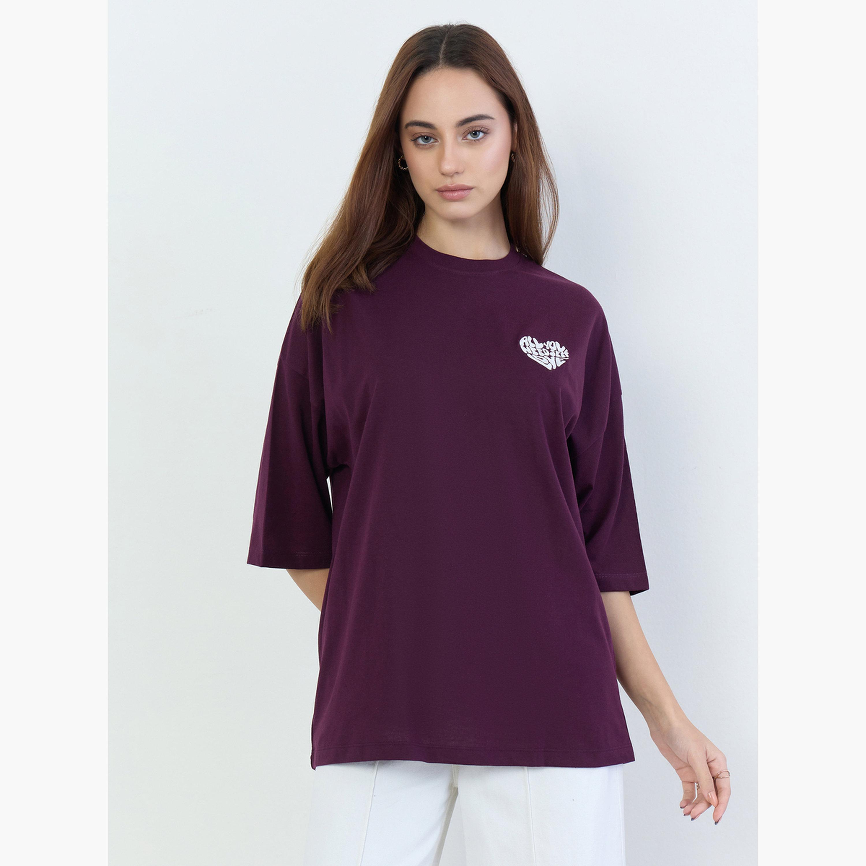 Styli Burgundy Oversized Embroidered Slogan T-Shirt-women-clothing-tshirts-image-1