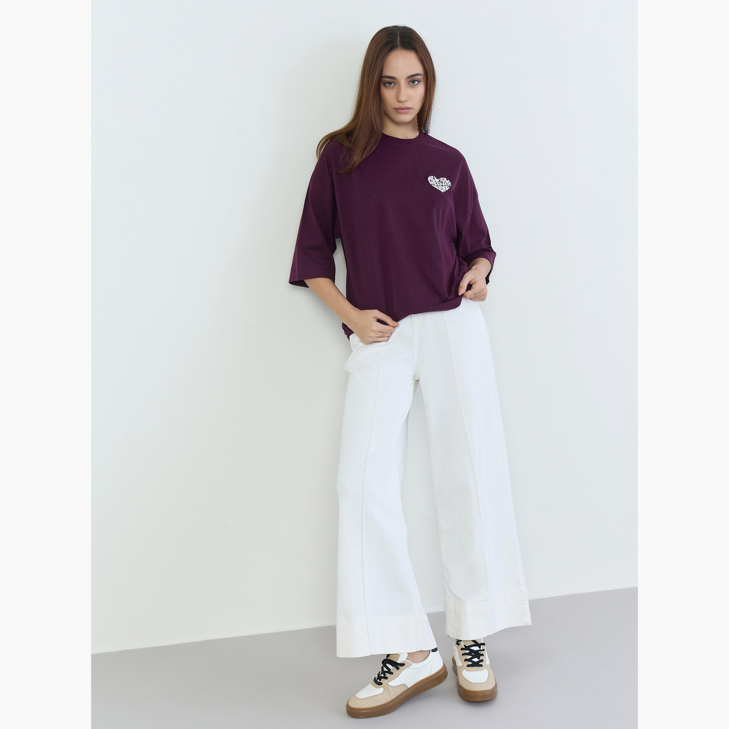 Styli Burgundy Oversized Embroidered Slogan T-Shirt-women-clothing-tshirts-image-2