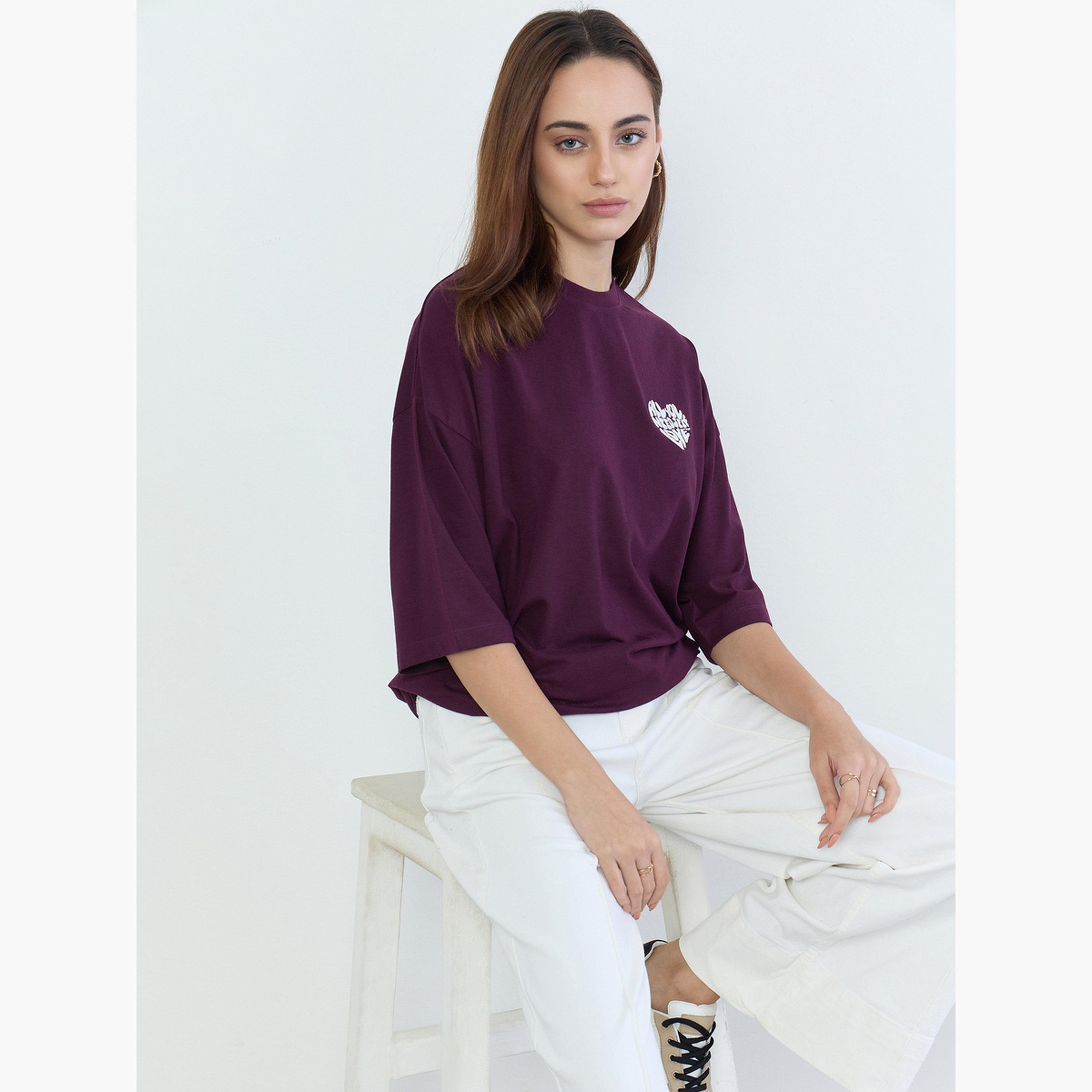 Styli Burgundy Oversized Embroidered Slogan T-Shirt-women-clothing-tshirts-image-3