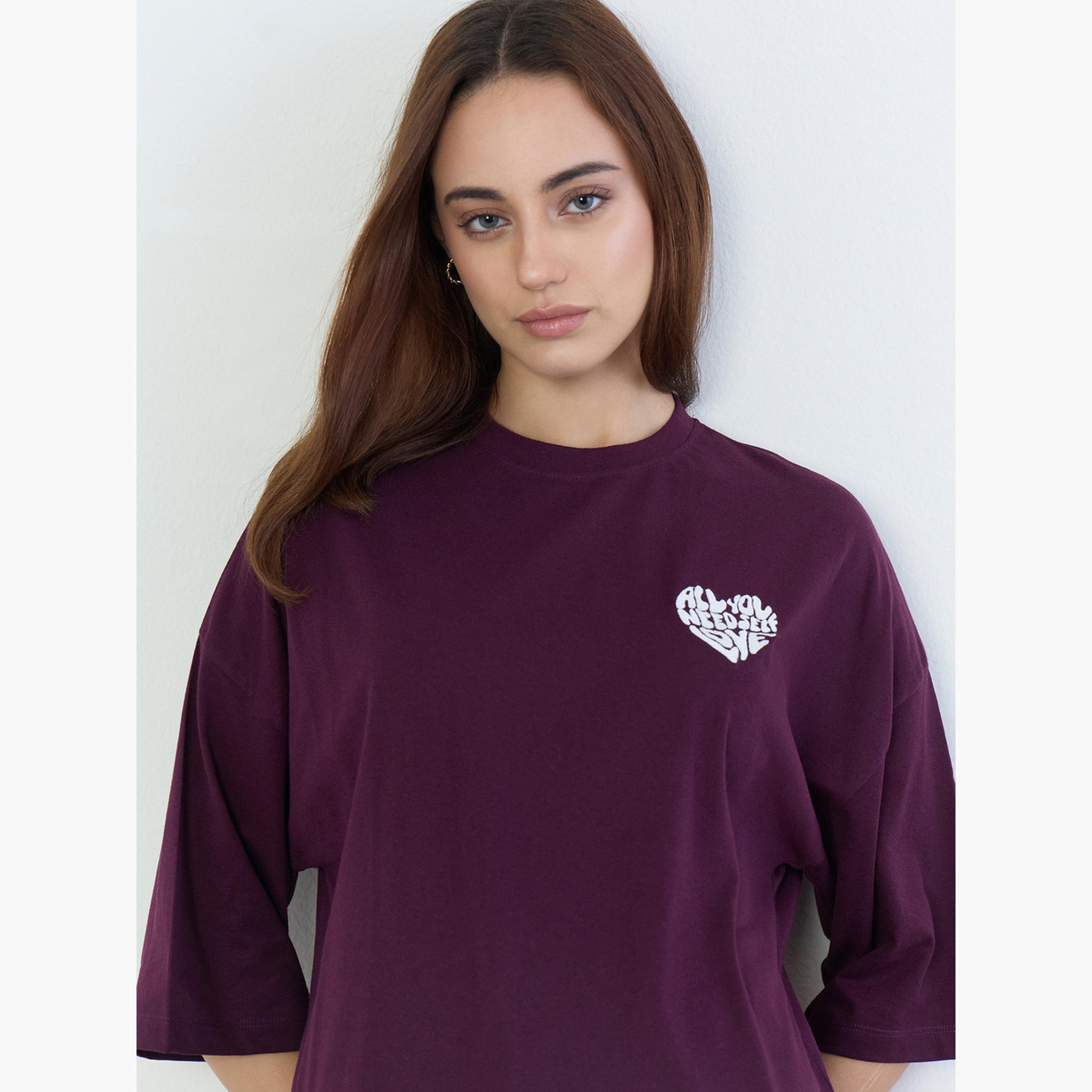 Styli Burgundy Oversized Embroidered Slogan T-Shirt-women-clothing-tshirts-image-4