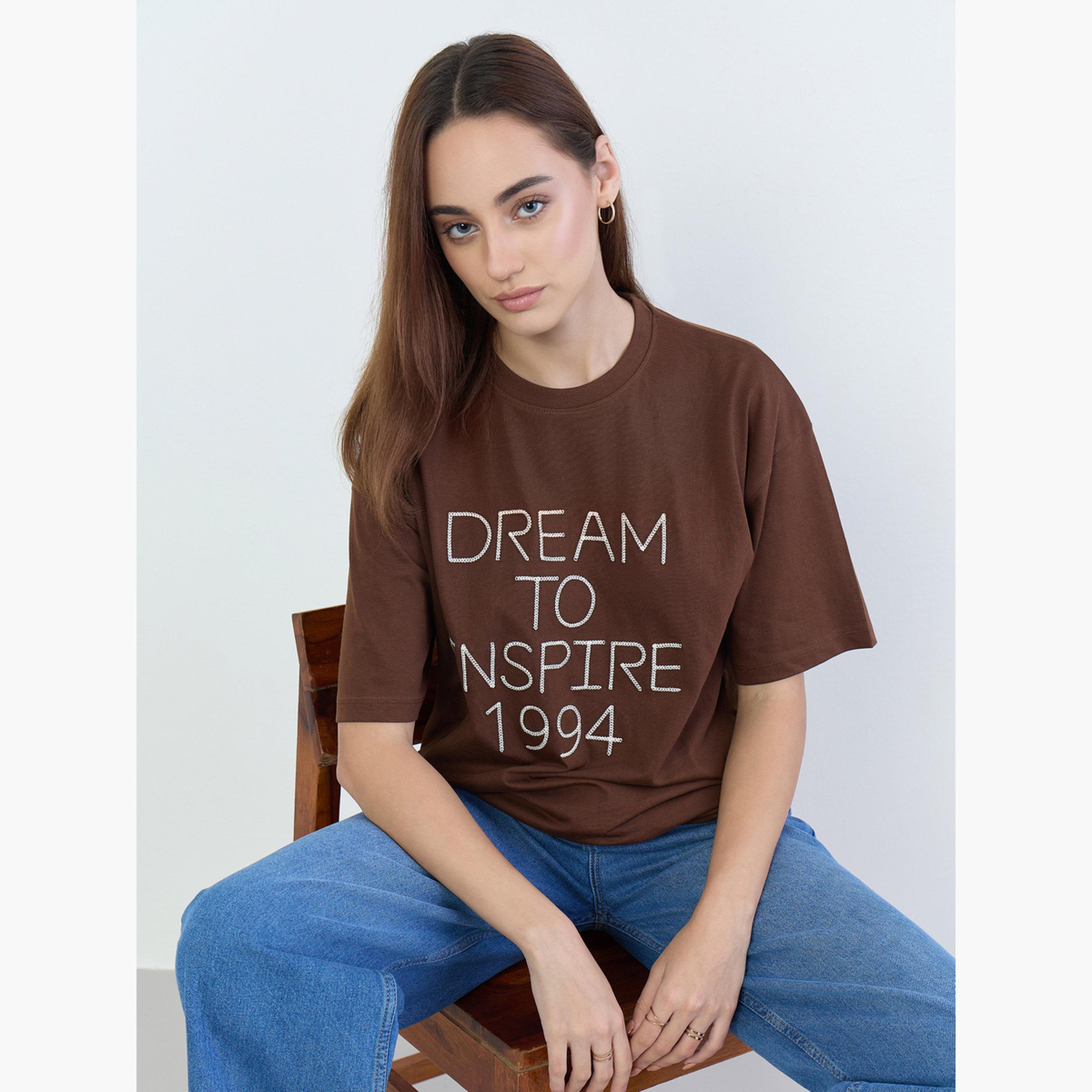 Styli Brown Oversized Slogan Print T-Shirt-women-clothing-tshirts-image-3
