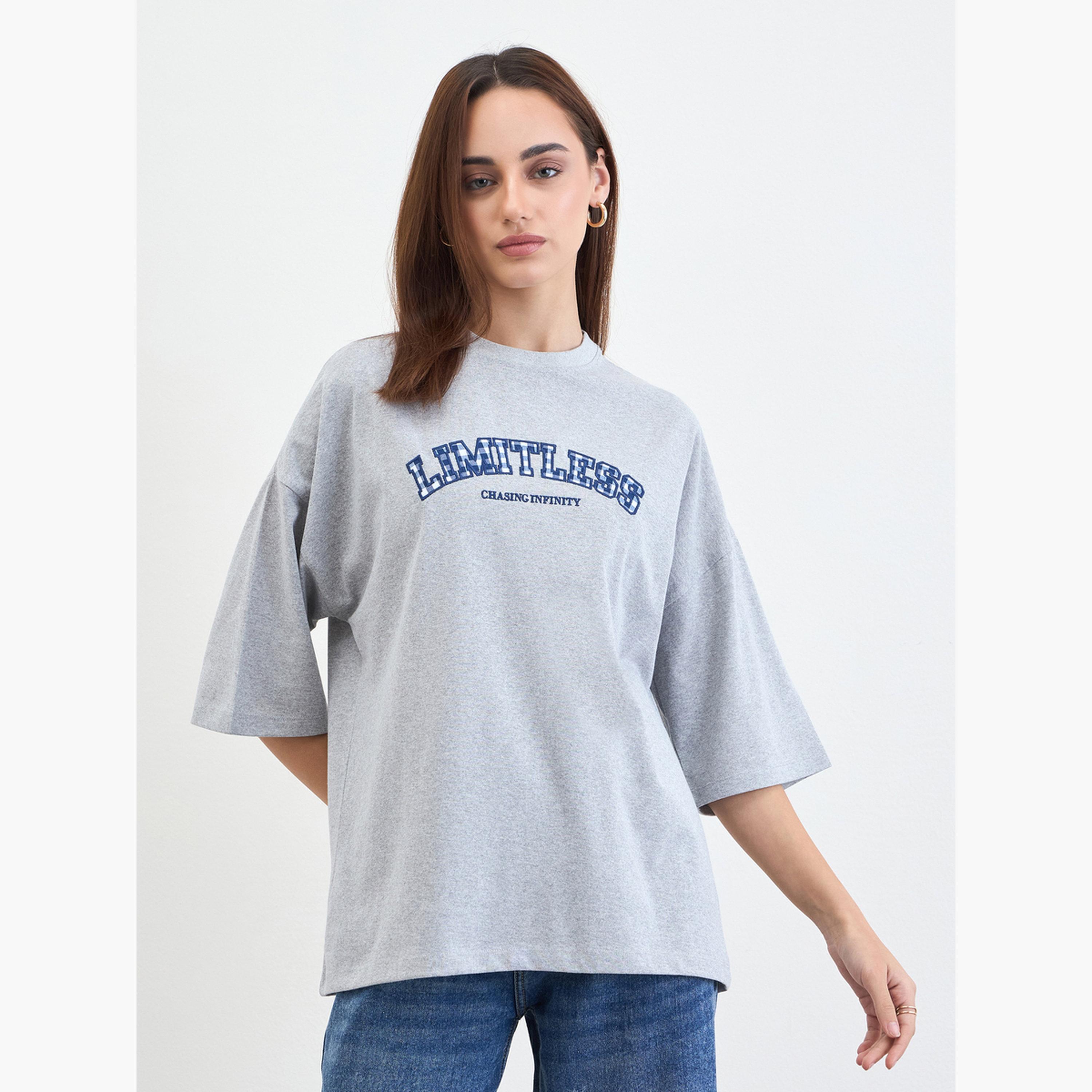 Styli Grey Oversized Slogan Print T-Shirt-women-clothing-tshirts-image-1