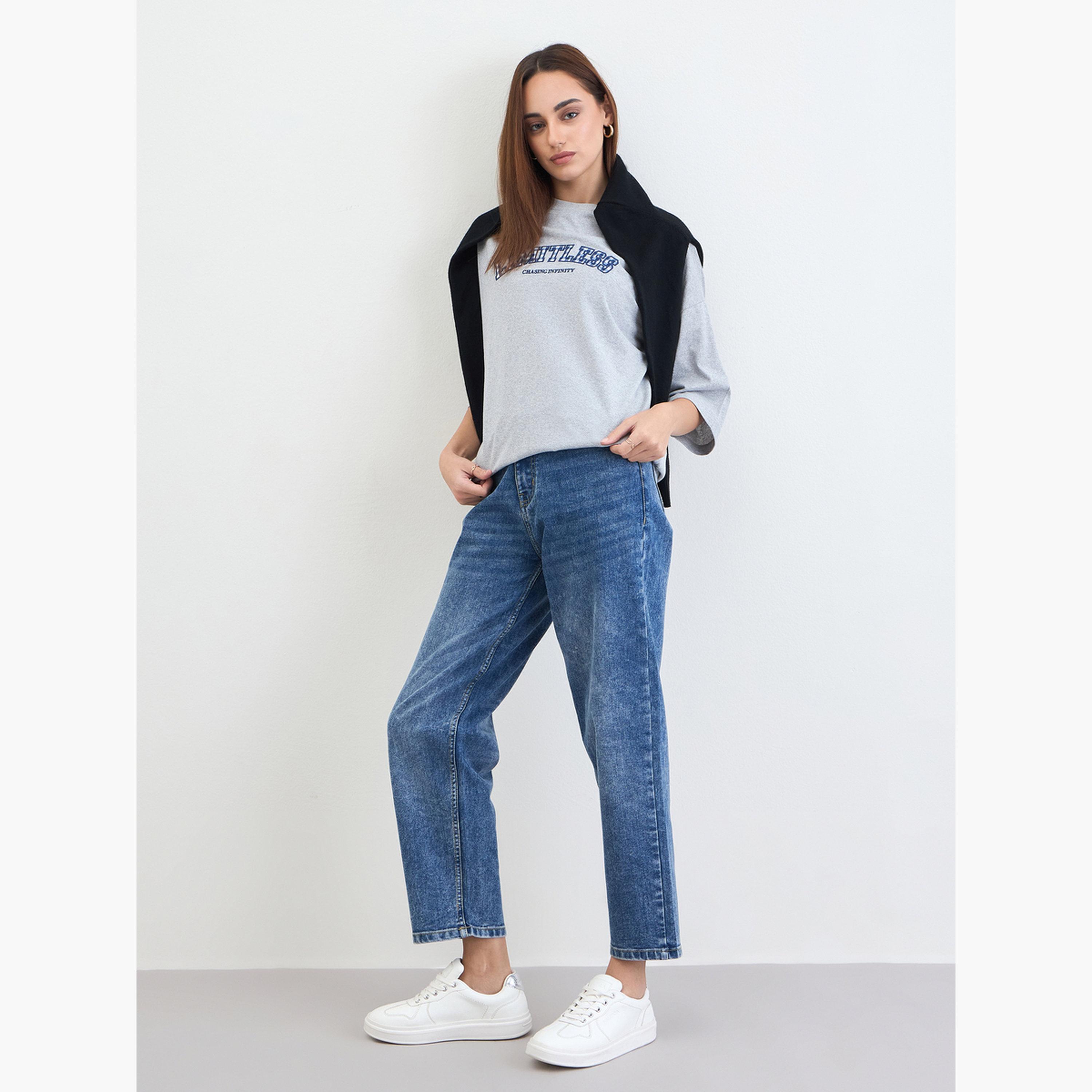 Styli Grey Oversized Slogan Print T-Shirt-women-clothing-tshirts-image-2