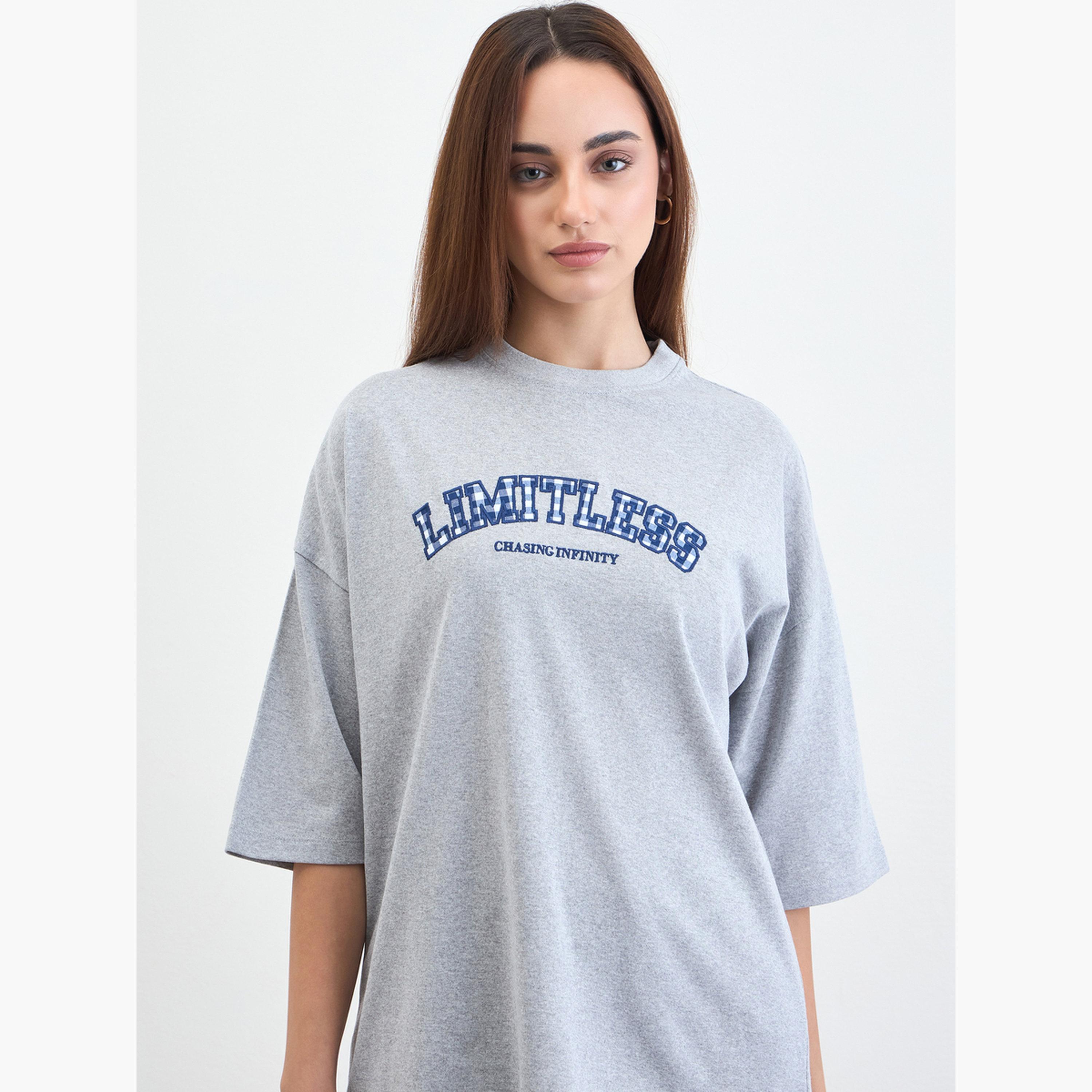 Styli Grey Oversized Slogan Print T-Shirt-women-clothing-tshirts-image-3